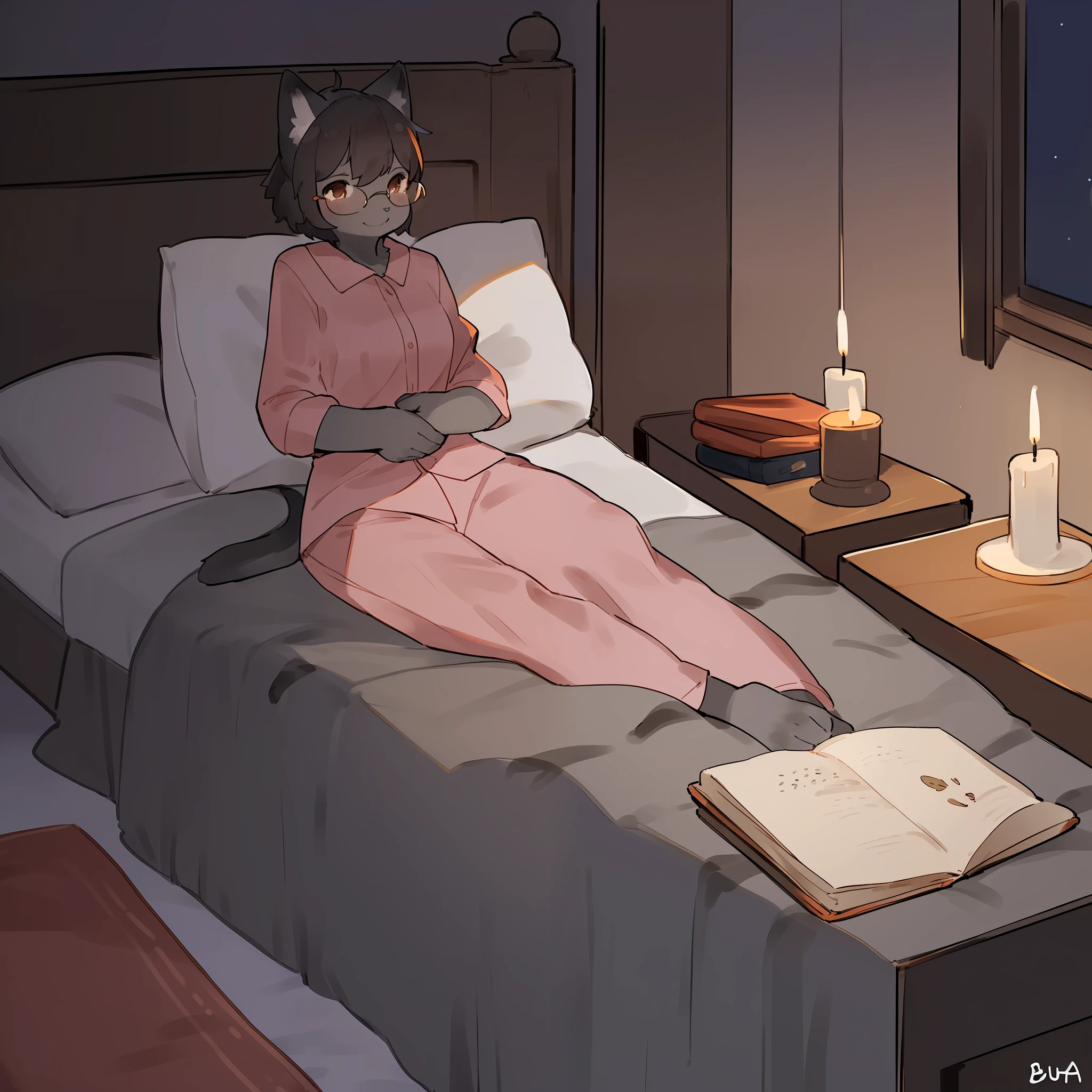 Solo, female, (((dark grey fur, dark grey body, feline, plain fur, no fur pattern))), glasses, dark brown hair, very short hair, brown eyes, detailed eyes, detailed hair, by buta99, by bebebebebe, night, dim lighting, candlelight, candle on the bedside table, bedroom, pink pajamas