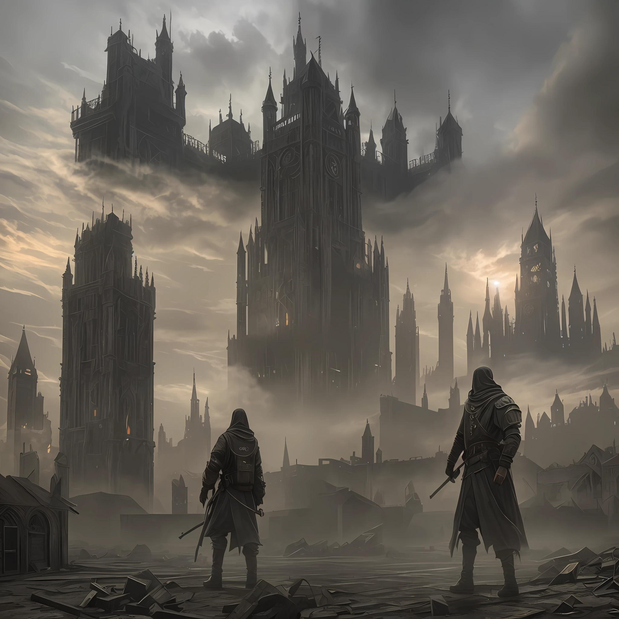 Apocalyptic medieval City, dystopia, nothing is well, madness, H.P Lovecraft, dark background with caustics, fog, smoke, 4k