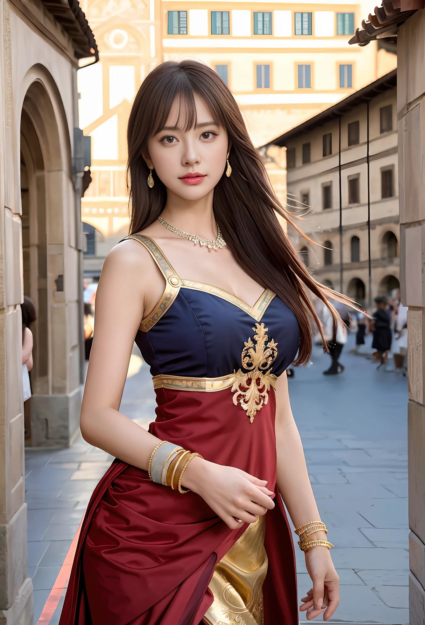 Model shooting style, (extremely detailed CG Unity 8k wallpaper), full-shot body photo of the most beautiful artwork in the world, stunning beautiful photo realistic available, an ultra-realistic ultra-detailed photo, a beautiful girl as a female dancer on the street of Florence,navel, intricate dress, gold,banquet, crowd, [slight smile],(Palazzo Vecchio And Piazza della Signoria background), (princess eyes, shining pupils), detailed symmetrical beautiful hazel eyes, detailed gorgeous face, highly detailed, vibrant, professional majestic oil painting, By Ed Blinkey, Atey Ghailan, Studio Ghibli, Jeremy Mann, Greg Manchess, Antonio Moro, ArtStation Trends, CGSociety Trends, Complex, High Detail, Sharp Focus, Dramatic, Photorealistic Painting Art by Midjourney and Greg Rutkowski