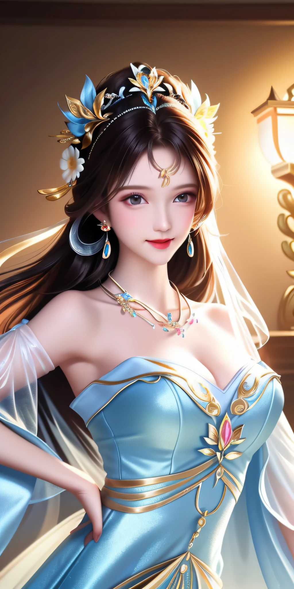 Best Quality, Masterpiece, High Resolution, 1girl, Clear Silk Porcelain Dress, Pretty Face, Hair Accessory, Look at the Audience, Smile, Close Mouth, Lips, Dress, Hair Accessories, Necklace, Jewelry, Long Hair, Earrings, Beautiful Face, Body, (((Bust Big))), Tindal Effect, Realism, Shadow Studio, Edge Lighting, Two-Color Lighting, (High Detail Skin: 1.2), 8k UHD, DSLR, Soft Light, High Quality, Volume Lighting, Photos, High Resolution 4K, 8k, blurred background