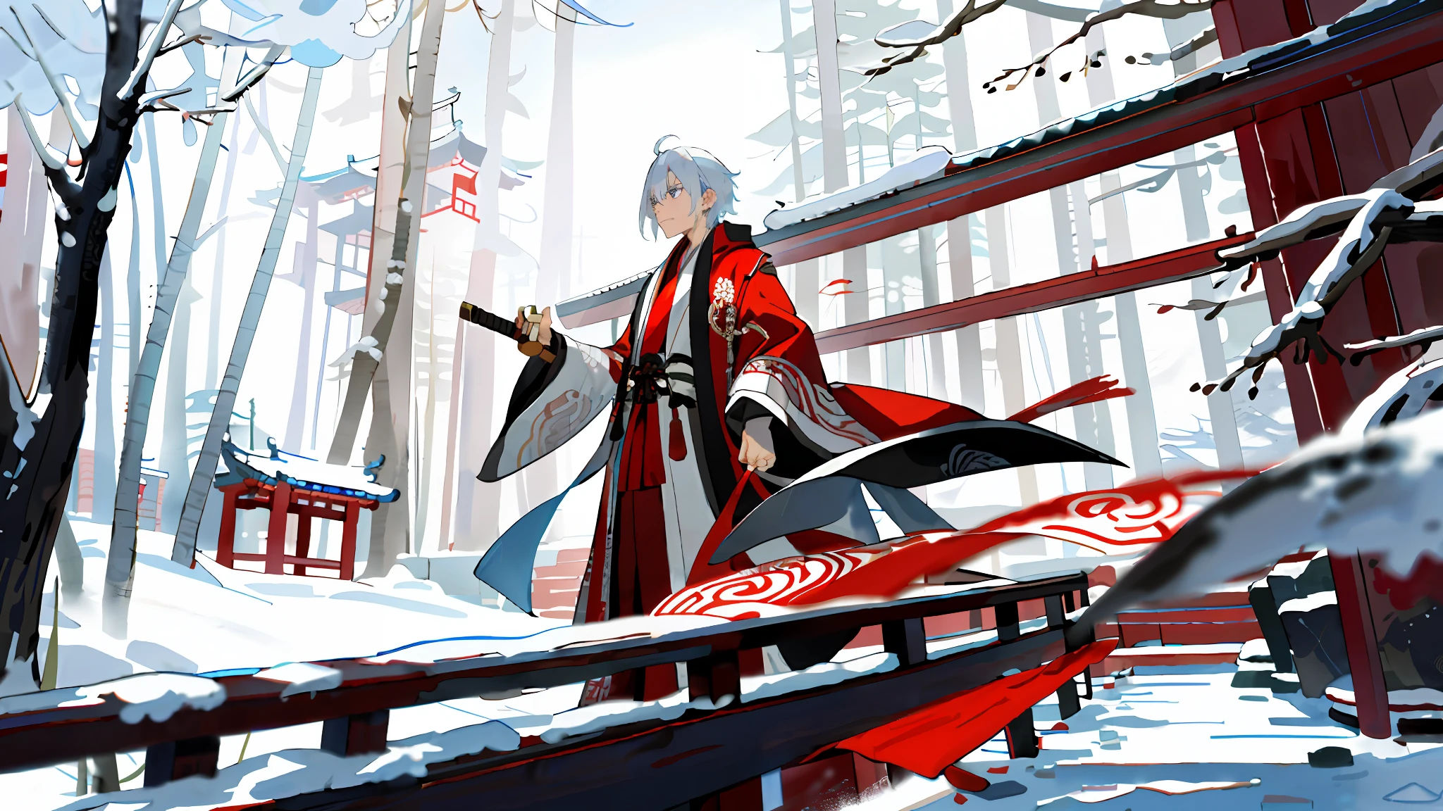 Masterpiece, the best quality, short white hair, blue pupils, red Chinese robe, his hand tightly holding a snowy long knife, the background is a Chinese-style room, wooden floor, landscape paintings on the wall