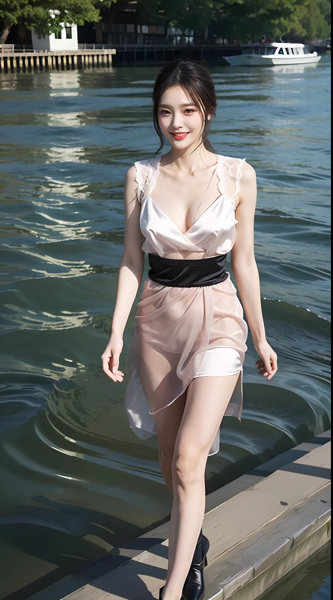 1 mature and gentle woman walking on the river, 23 years old, round chin, double eyelids, smile, mixed 4,, full body photo,, sexy deep V hanging neck, the whole is made of completely transparent soft and silky artificial silk fabric, with lace to add more temptation, sexy skirt slit design, make you more feminine and attractive, thin waist is silky satin skirt, showing the graceful body.