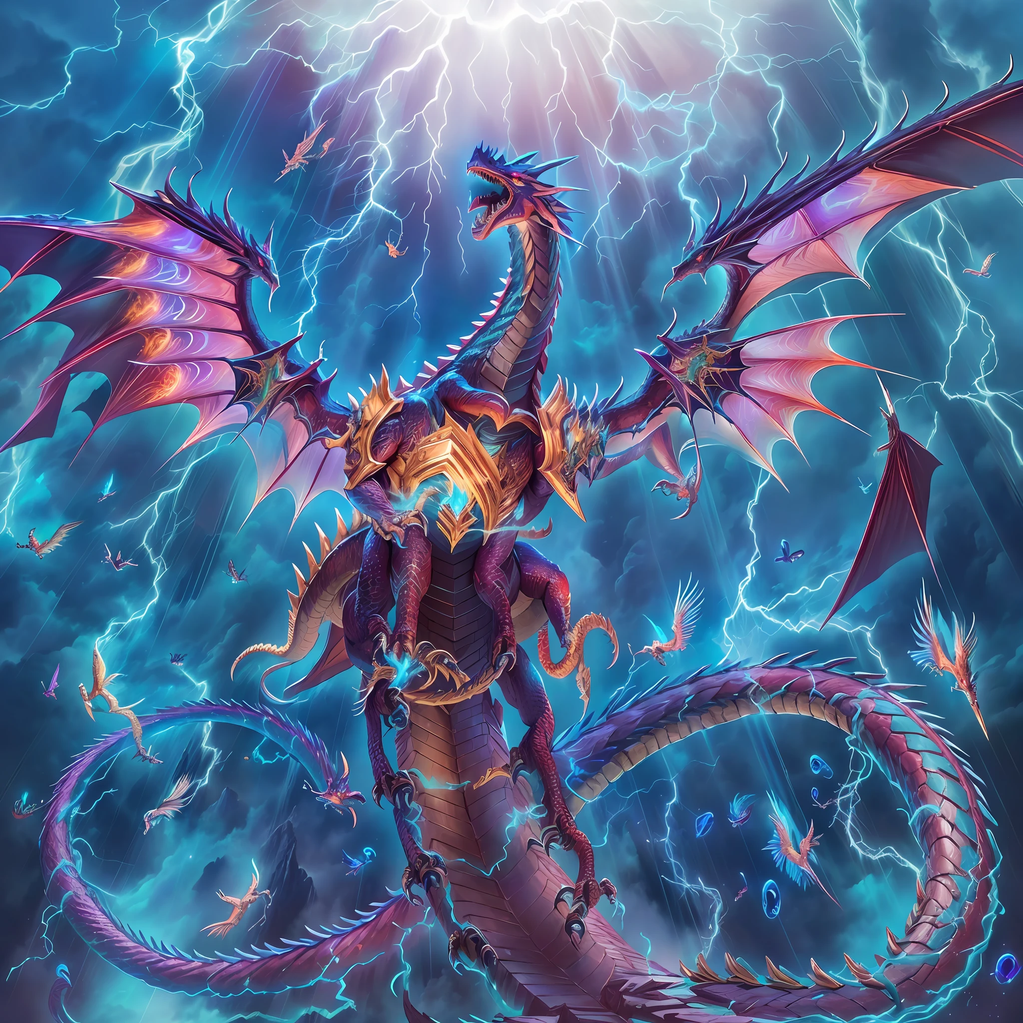 a close up of a dragon with lightning in the background, colossal dragon as background, slifer the sky dragon, storm dragon, quetzalcoatl, digital painting of quetzalcoatl, giratina, yugioh artwork, great mystical winged serpent, cyborg dragon portrait, lightning dragons attack, legendary dragon, thopter from magic the gathering
