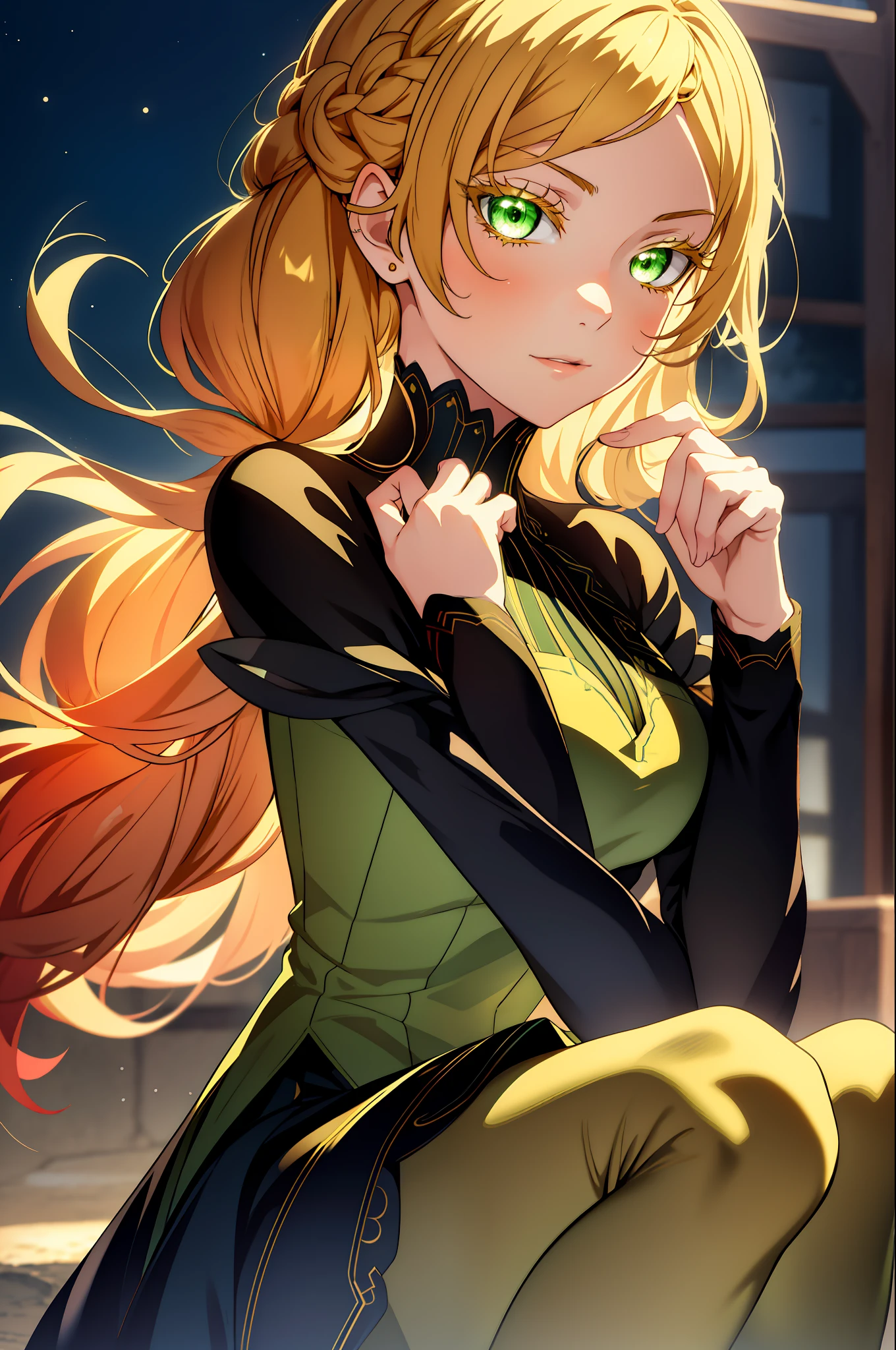 sui,  anime style beautiful woman, masterpiece, close up, upper body, dress, pantyhose, black footwear, blonde hair, loose braid, beautiful face, green eyes, best quality, absurdres, extremely detailed wallpaper, perfect lighting,highest quality, high resolution.