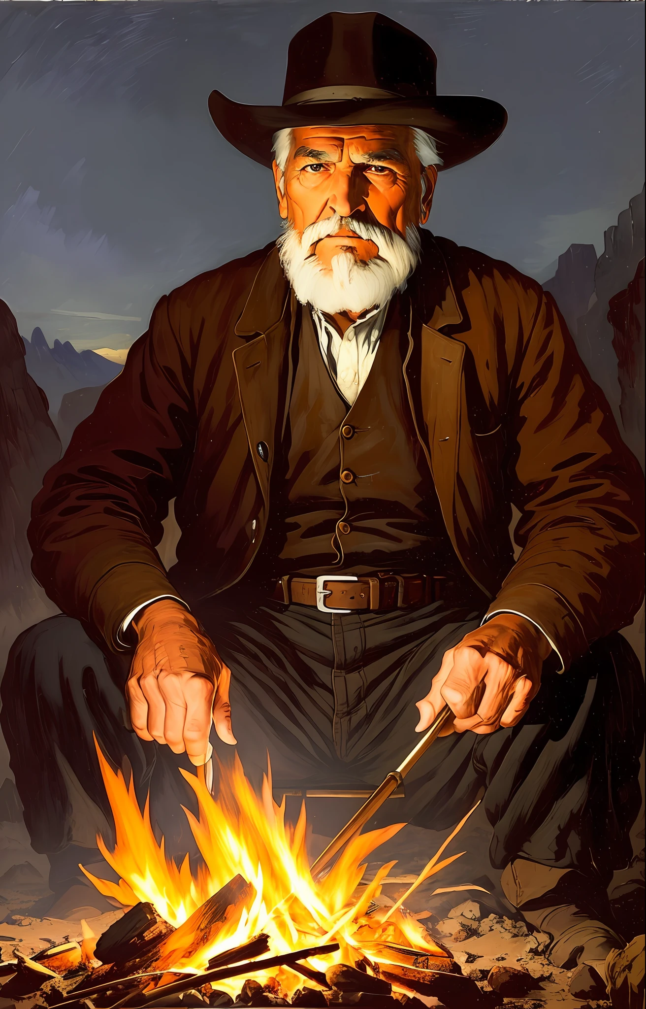 chalk and vermillion canvas oil painting of an old west prospector (sitting:1.2) next to a dying campfire late at night, midnight:1.5, (Johnson Moonlight Technique), clear skies, American Old West, by (Frank Tenney Johnson:1.6), by Frederic Remington, by HW Hansen, by Charles Marion Russell, by William Herbert Dunton, dramatic, beautiful and diffuse soft moonlit lighting, shadows, immersive, cool color palette