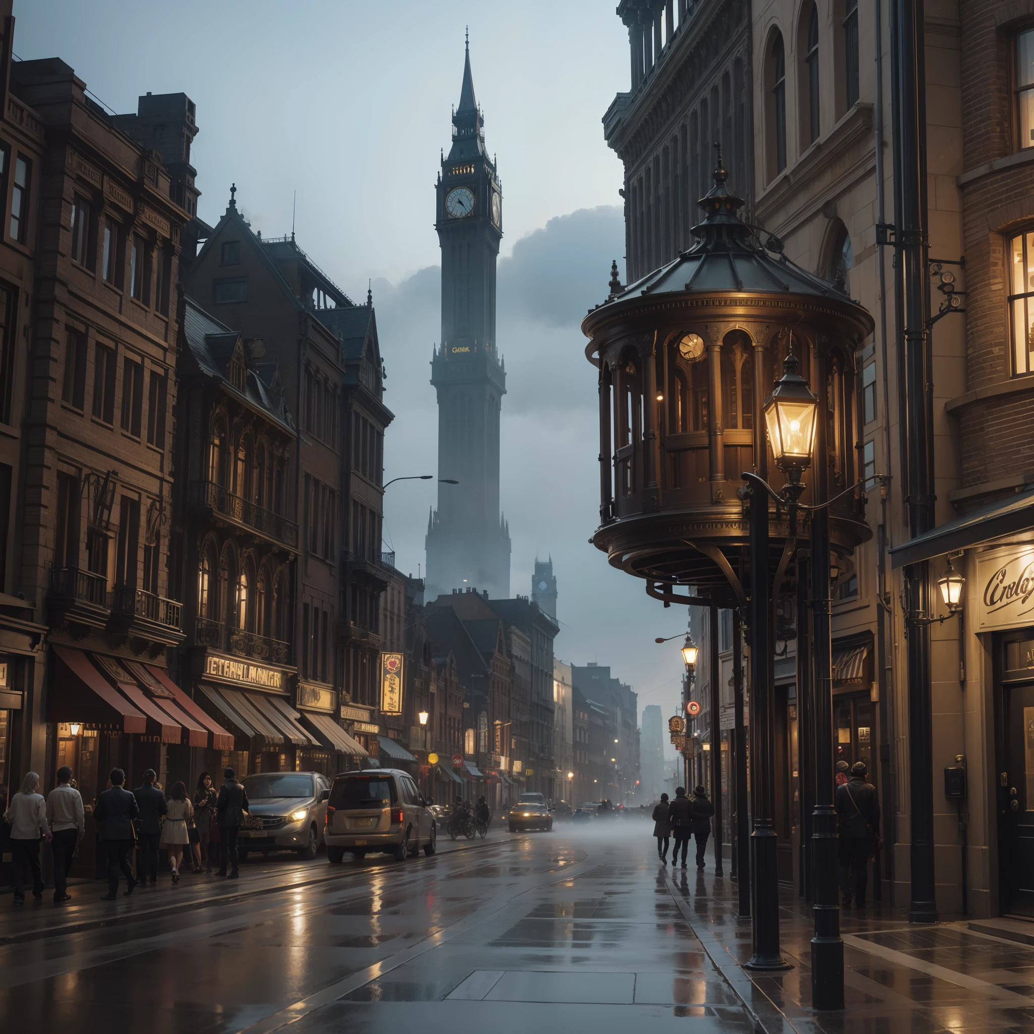 steampunk, cityscape, high clock tower, retro building, sidewalk, gear, bolt, detail, fog, steam, peculiar,