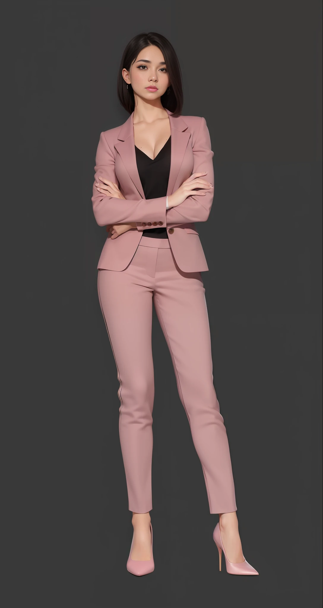 Alaferd image of a woman in a pink suit and high heels, chin slightly up, two feet forward, full body portrait of character, full body character portrait, full body portrait, stylized portrait formal pose, short full body portrait! , Full body portrait, Full body portrait, Detailed full body portrait, Full body concept, Full body illustration, Unrealistic character concept, Full body character