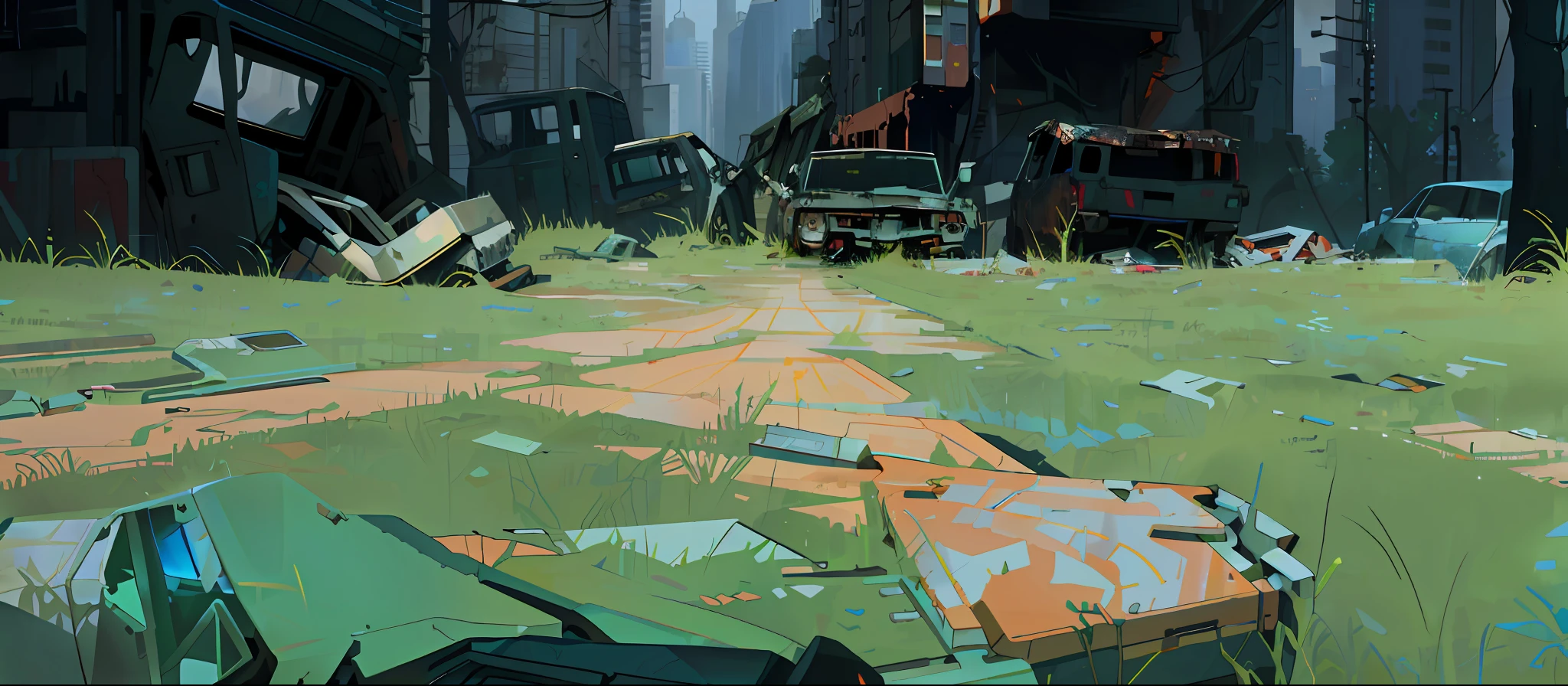 Woods scene, broken cars, metal wreckage, cyberpunk
