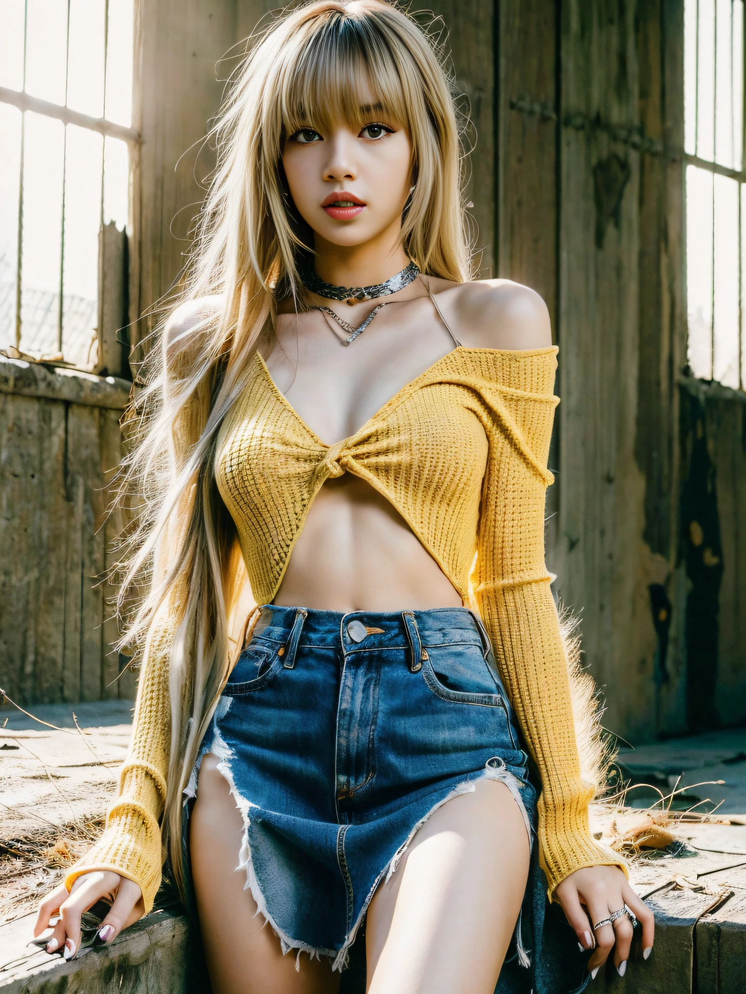 Lisa light yellow long hair, Lisa face shape, wearing wasteland style clothing, thin knitted clothing, lace, ruins, sexy, open waist, long legs, masterpiece, superlative, realistic, HD, natural sunlight, 16k
