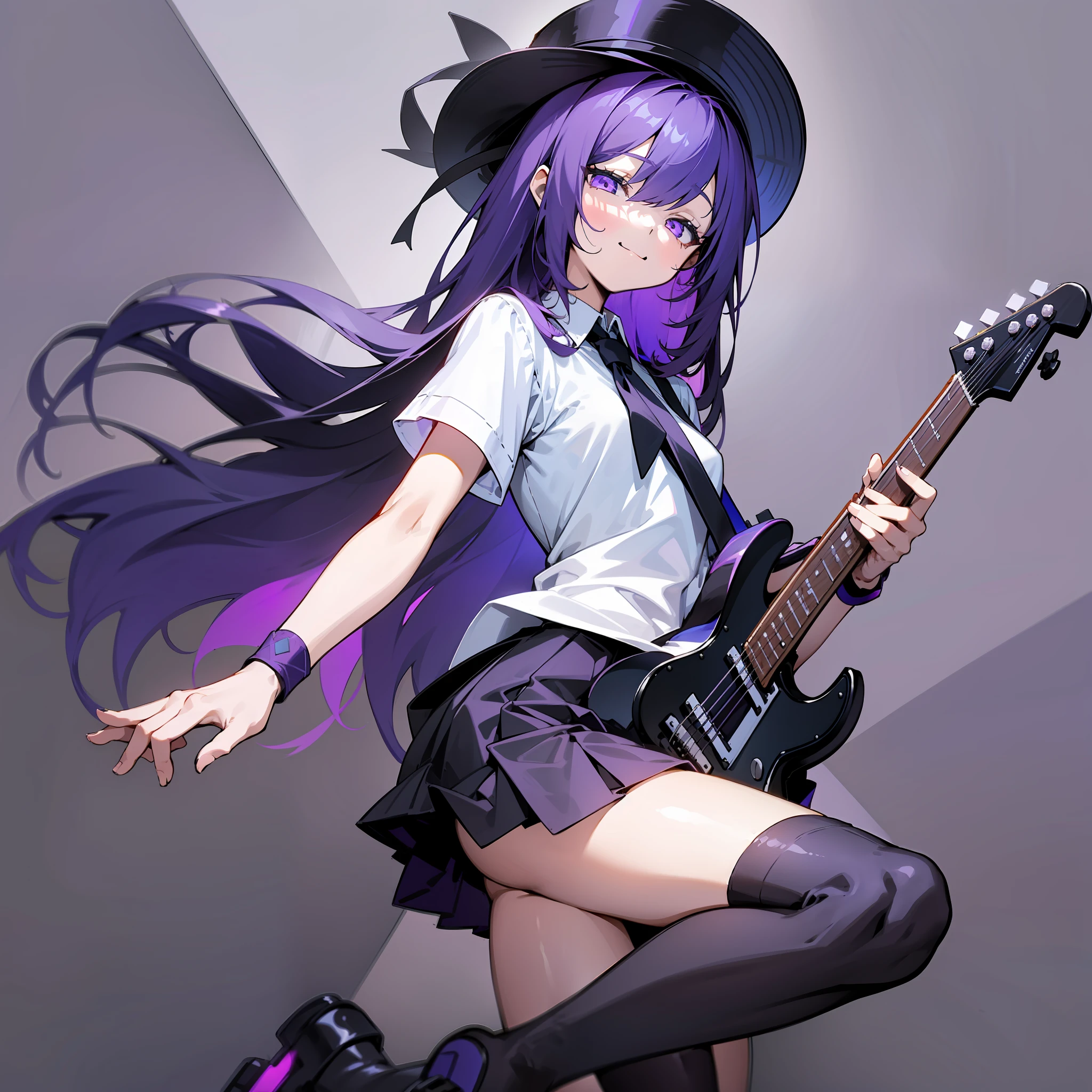 1 girl, black hat, light purple long hair, purple and white eyes, flat chest, white shirt, black sweater, short sleeves, black short skirt, over-the-knee socks, dark blue canvas shoes, blue and black guitar, black wristband, closed eye smile, detail hands, detail legs