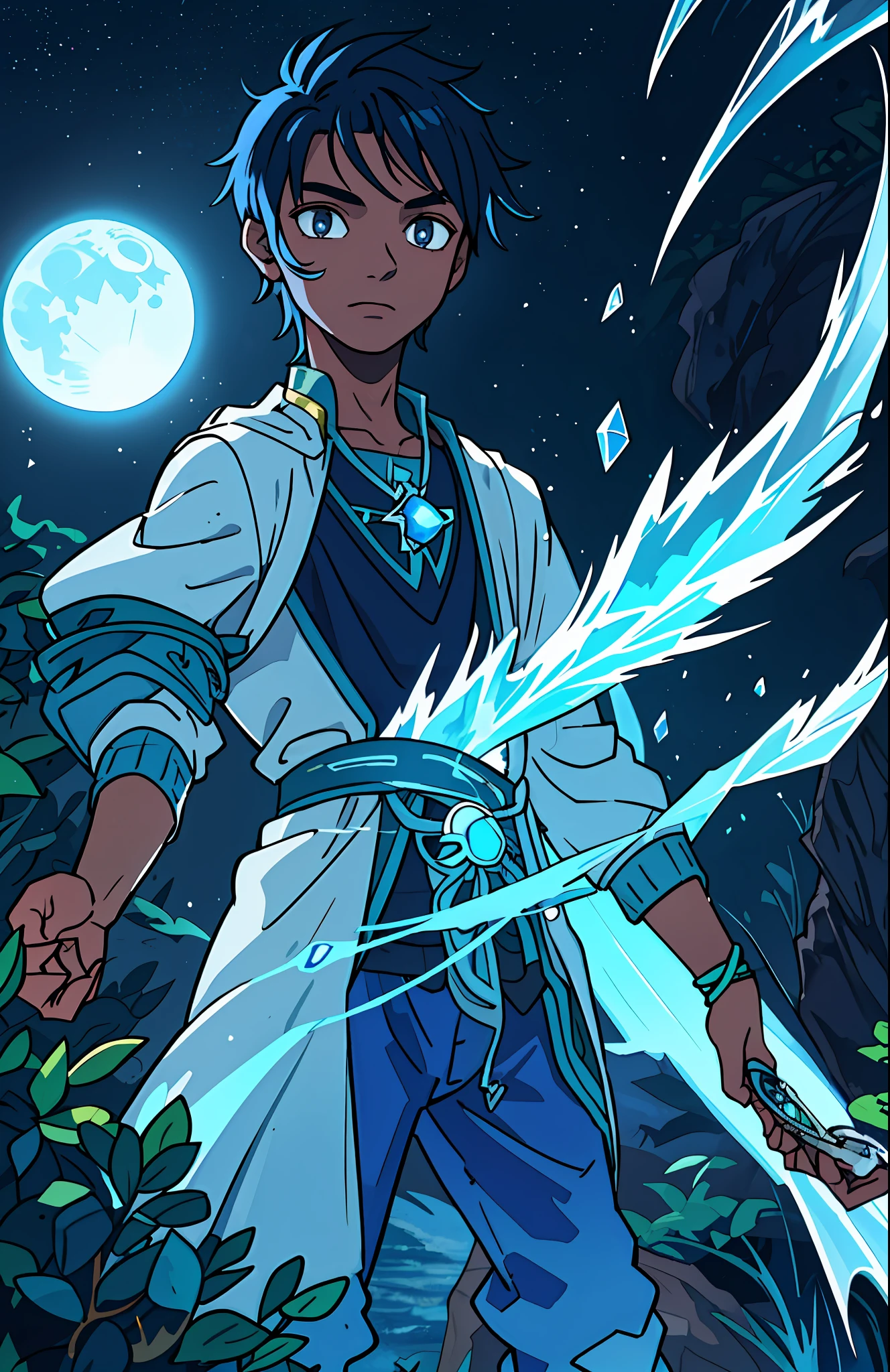 Luegui, a 16-year-old boy half Wizard and half Fairy, has the power of water and the moon, his black skin glows in the moonlight, his silver eyes, show to anyone his power linked to the moon, his crystal blue hair, had a silver lock.