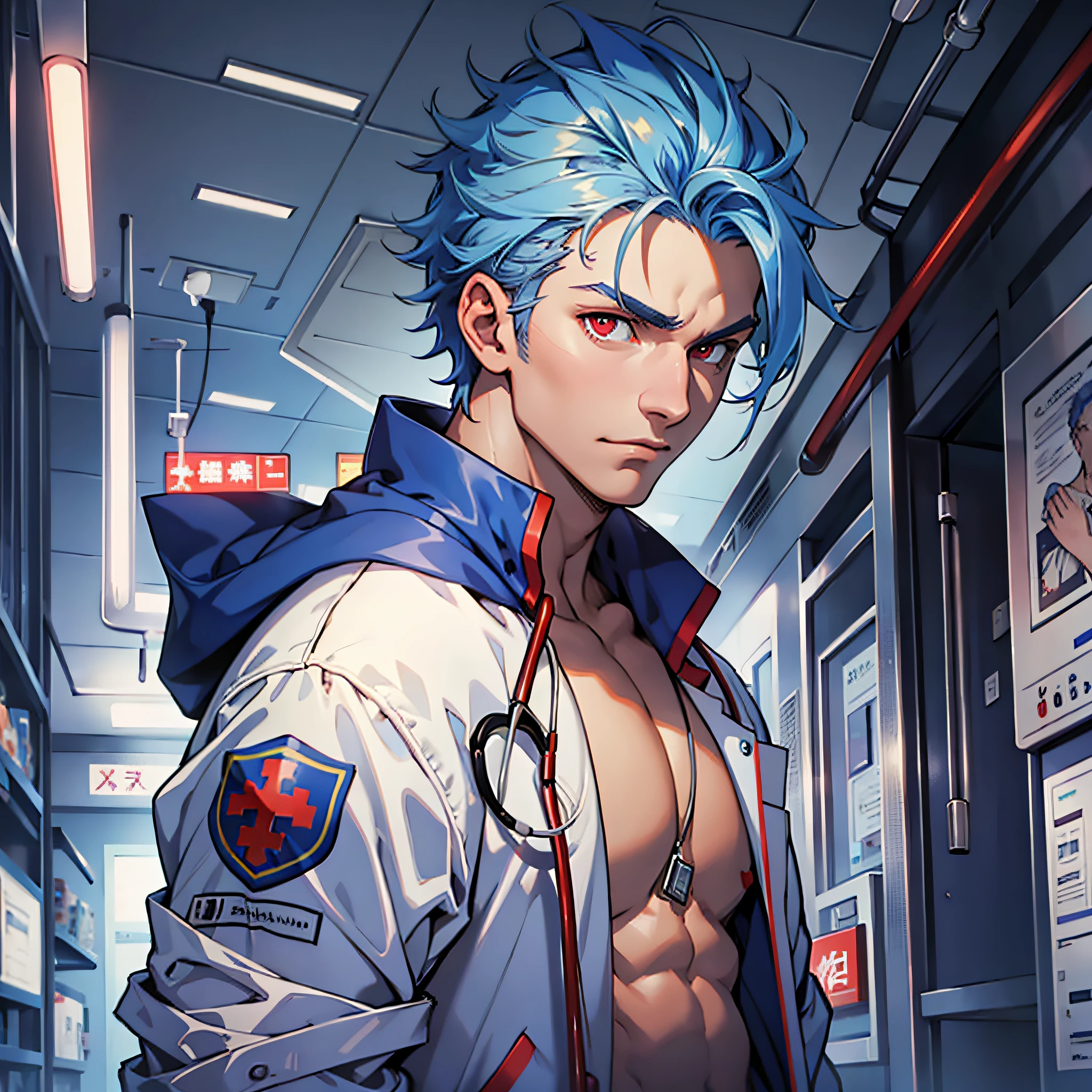 (Masterpiece, best quality, ridiculous), 1 person, muscular, detailed eyes, blue hair color head style, red eyes, open jacket, upper body, ((hospital background))