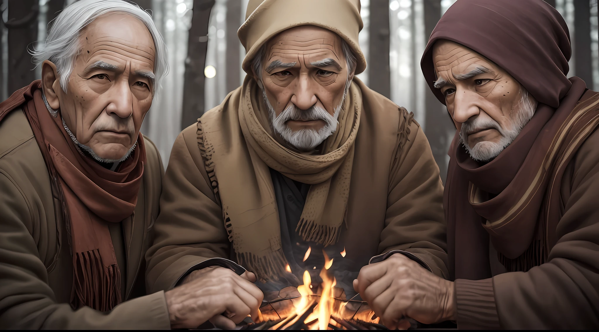 Award-winning portrait photo of (six) men expression of anger, scarf, sitting around a campfire( fighting) wrinkles, nomads, multiple faces, 8K artistic portrait, symmetrical faces, (bokeh: 0.5), side lighting, (face wrinkled in detail: 0.9), telephoto, forest, realistic , stovey intricate details, true texture of aged skin. --auto --s2
