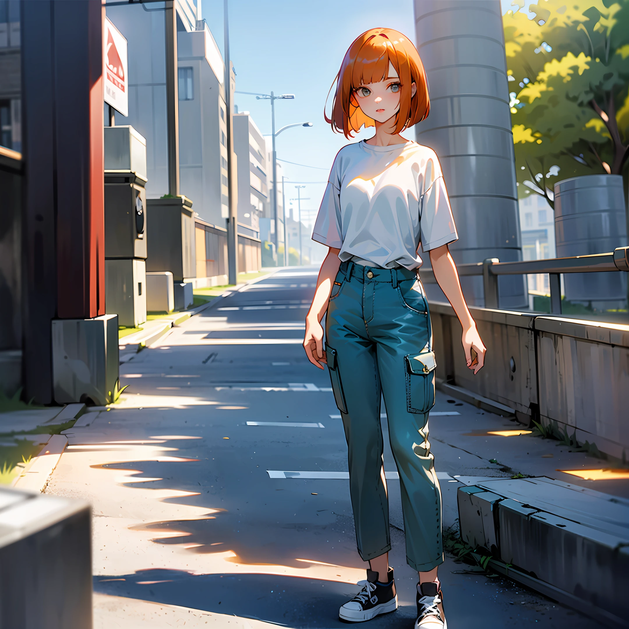 Beautiful women, beautiful eye, wearing long white shirt, blue cargo pants, converse shoe, standing on the street , bangs , bob cut , ginger hair, shiny , light and dark, best quality, photorealistic ,f8 ,