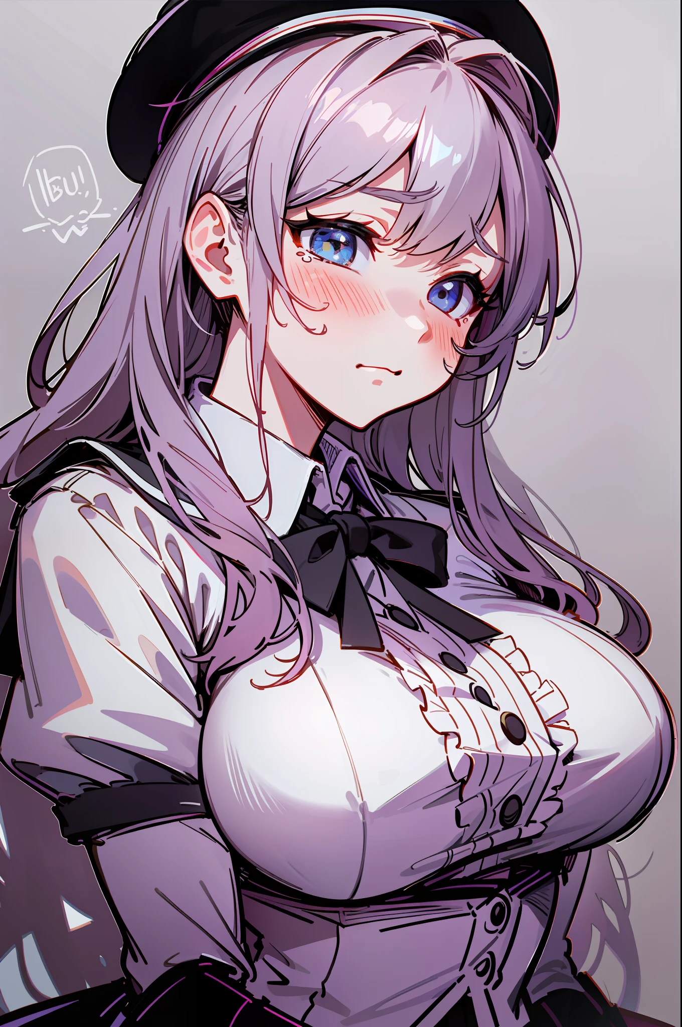 master-piece,hyper quality, hyper detailed,perfect drawing,solo, beauty, uniform, bountiful breasts, fluffy breasts, h cup bust, bust up, bulging bust top, h, hentai, blush, sweat, moist eyes, detailed drawing, accurate drawing, school uniform, jumper skirt, pleated skirt, blouse, beret