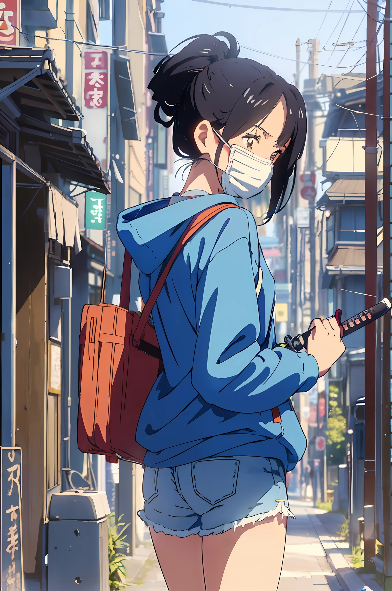 anime girl with a mask on and a backpack on a city street, makoto shinkai style, anime style 4 k, in style of makoto shinkai, ( ( makoto shinkai ) ), in style of atey ghailan, atey ghailan 8 k, makoto shinkai art style, style of makoto shinkai