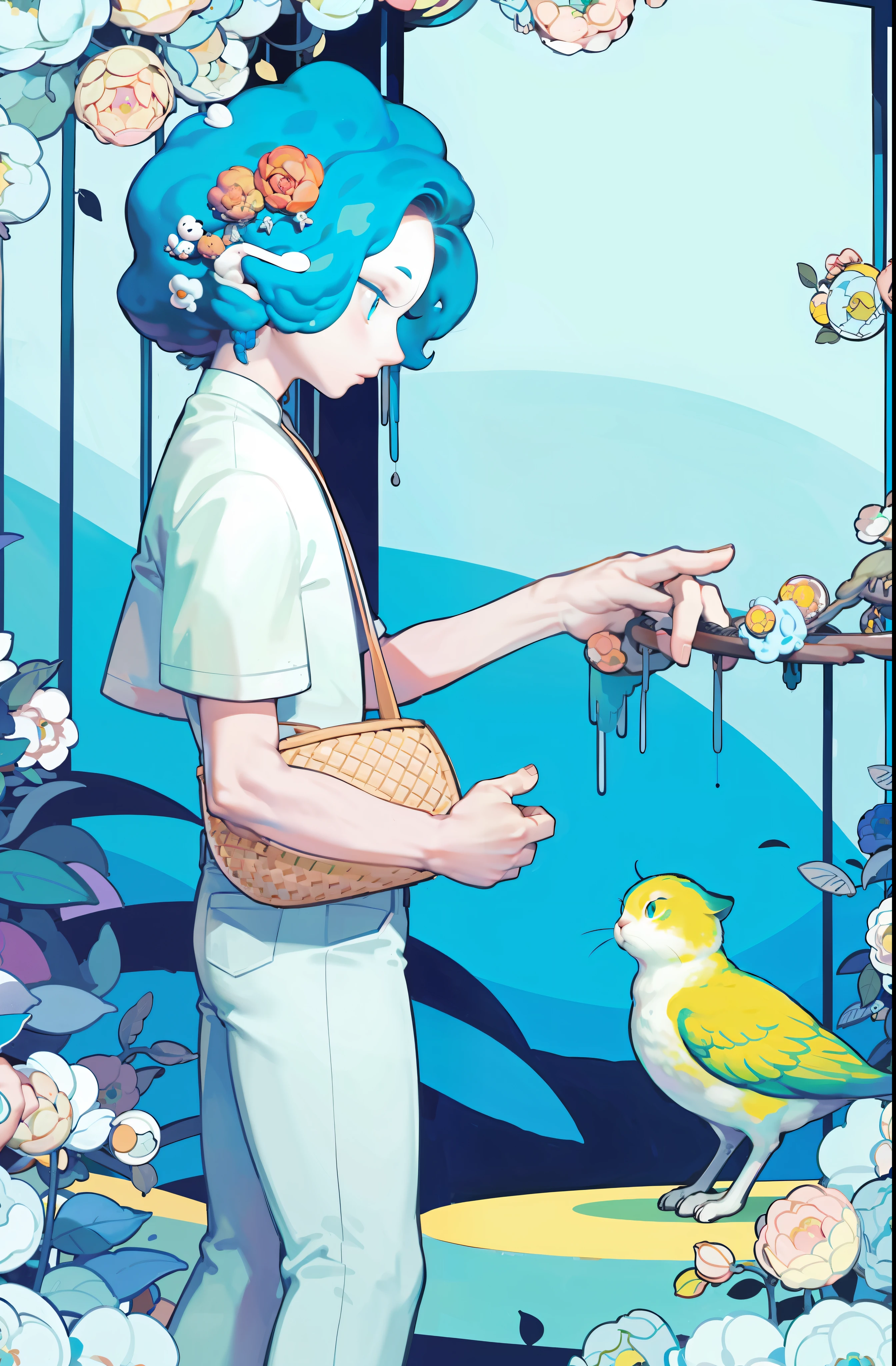 1boy, wildly pastel blue hair, forest background, surrounded by cats and yellow birds