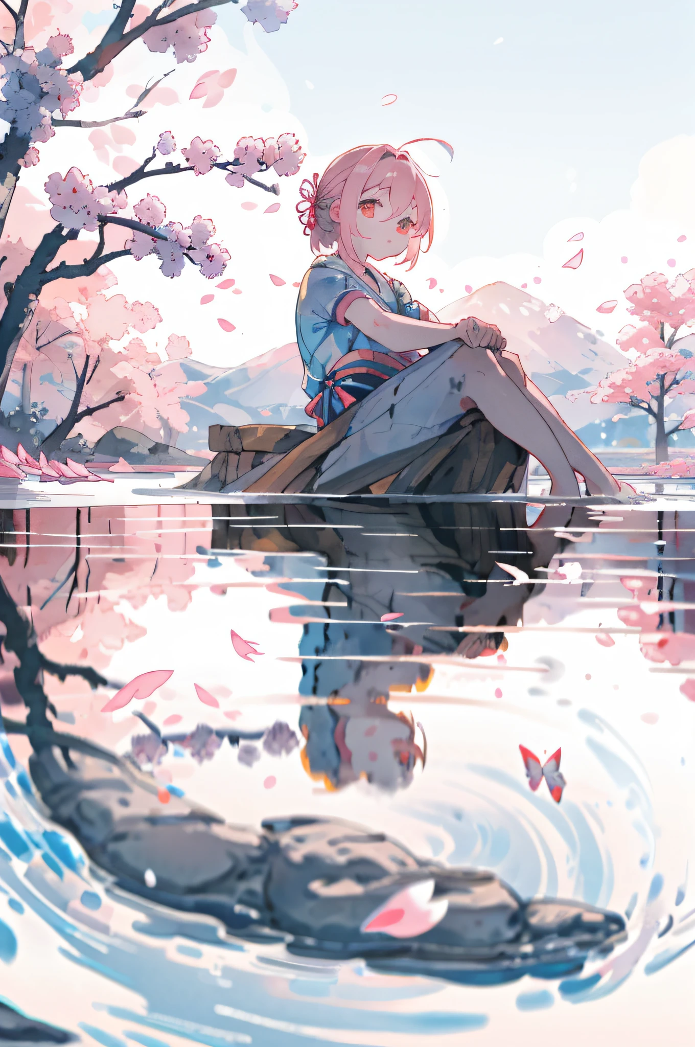 masterpiece, best quality, ultra-detailed, illustration, 1girl, solo,((sitting in the shallow water, surrounded by pink sakura petals floating on the water)), butterfly, wisteria, electricity, blue sky, cloudy sky,(large breasts), ((eye focus)), expressionless, critical angle, bokeh, depth of field, ((eye focus)), light glowing particles, arms behind back,