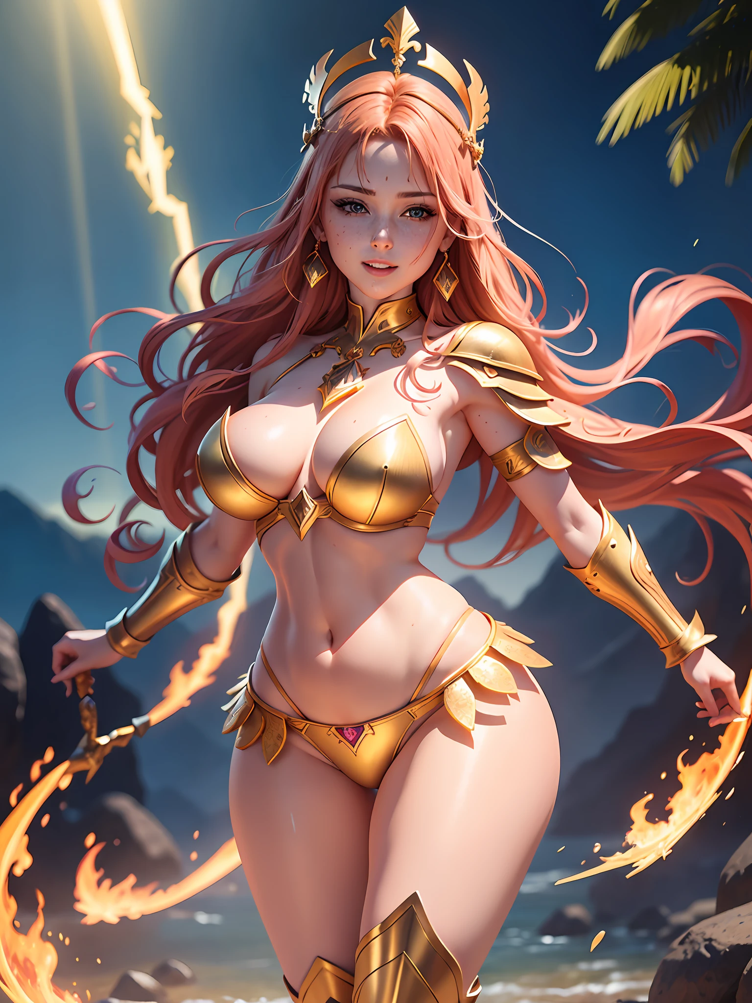 Hand-drawn illustration of a warrior with very thick lips beautiful with full-body violet hair, dynamic pose, large light blue eyes with brightness, halo, illustration, watercolor sketch, (best quality)), detailed intricate, belly out, thick lips with red lipstick, lightly made up and rosy cheeks, female, thin waist, wide , thick legs, defined and delicate body, detailed skin, golden tribal tattoo, sunny day, blue sky, sun rays, brightness, smiling, golden tribal tattoo, shiny golden armor with red stones, cheerful, happy, beautiful, full body, mountains in the background, golden aura, rays and fire, crystals, scorpion tattoo on belly, armor, greek goddess, tiara with jewels, earrings, shiny halo, emanating energy, scorpion armor, full body, golden sandals up to the shin, depth, flames of fire, armor on the arms, armor on the shoulders, armor on the waist, warrior amazon, warrior, amazon, queen, wrapped in transparent fabric, knights of the zodiac, wet, water drops, wet hair, wet skin, rays of light coming out of your clothes, wearing a crown, , mark, tan, swollen , tanned with mark, big heaving , tattooed, very , transparent fabric, fighting pose, catching fire, heaving , powerful, power, lightning, fire, of light