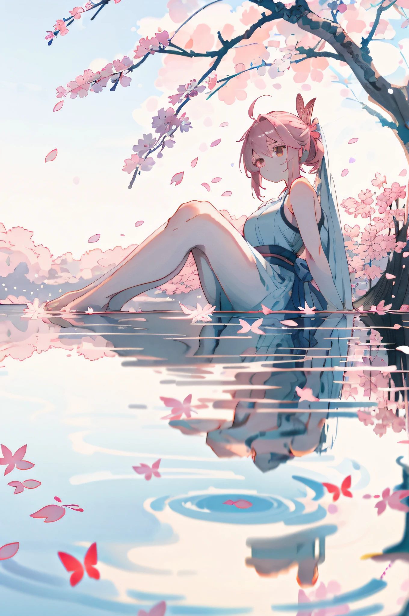 masterpiece, best quality, ultra-detailed, illustration, 1girl, solo,((sitting in the shallow water, surrounded by pink sakura petals floating on the water)), butterfly, wisteria, electricity, blue sky, cloudy sky,(large breasts), ((eye focus)), expressionless, critical angle, bokeh, depth of field, ((eye focus)), light glowing particles, arms behind back,