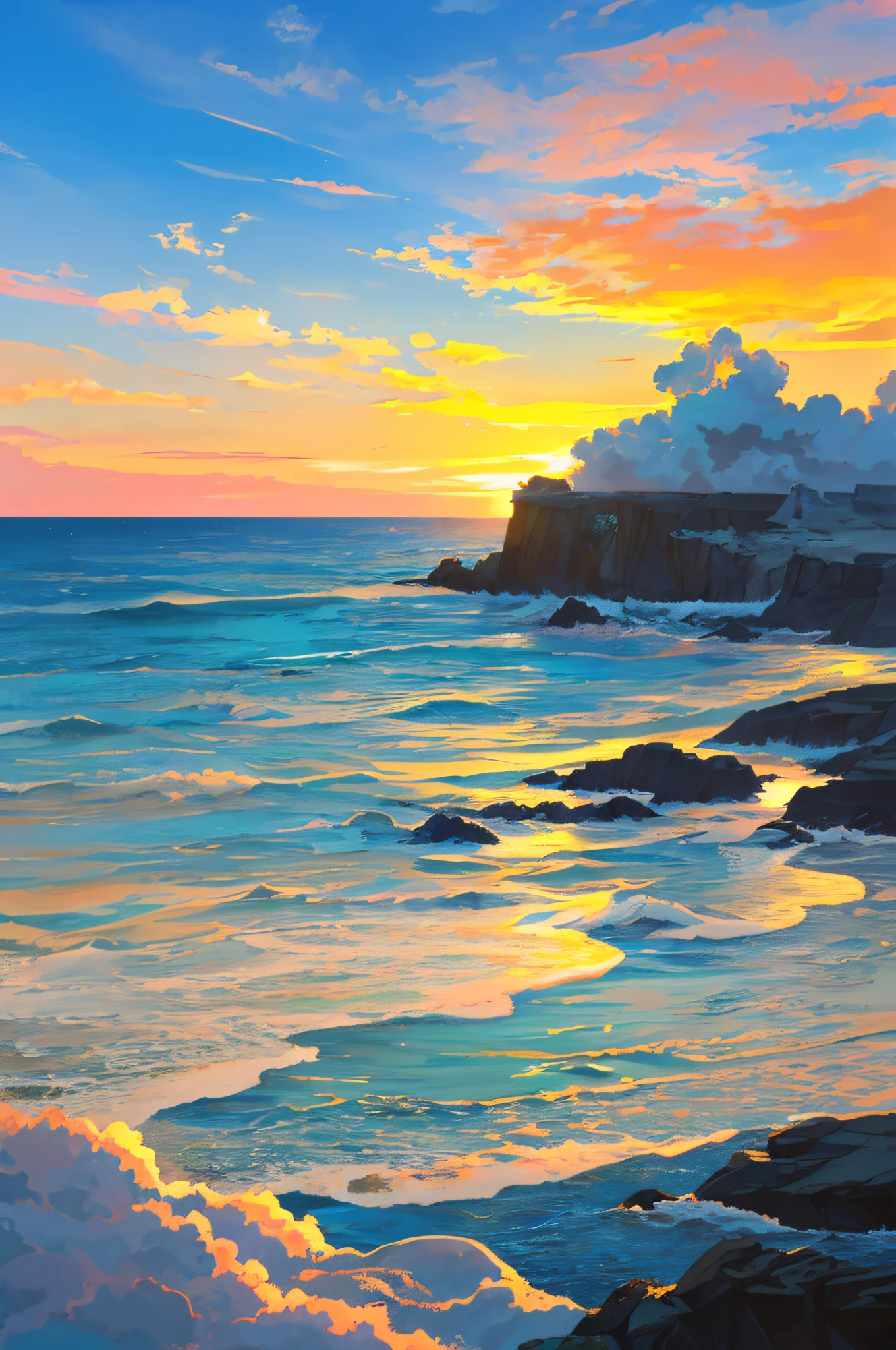 Sea view, best quality, bright colors, vivid colors, volumetric lighting. Soft Light, Diffuse Illumination, Radiant Light, Halow, Caustic, Subsurface Scattering, Dreamy,