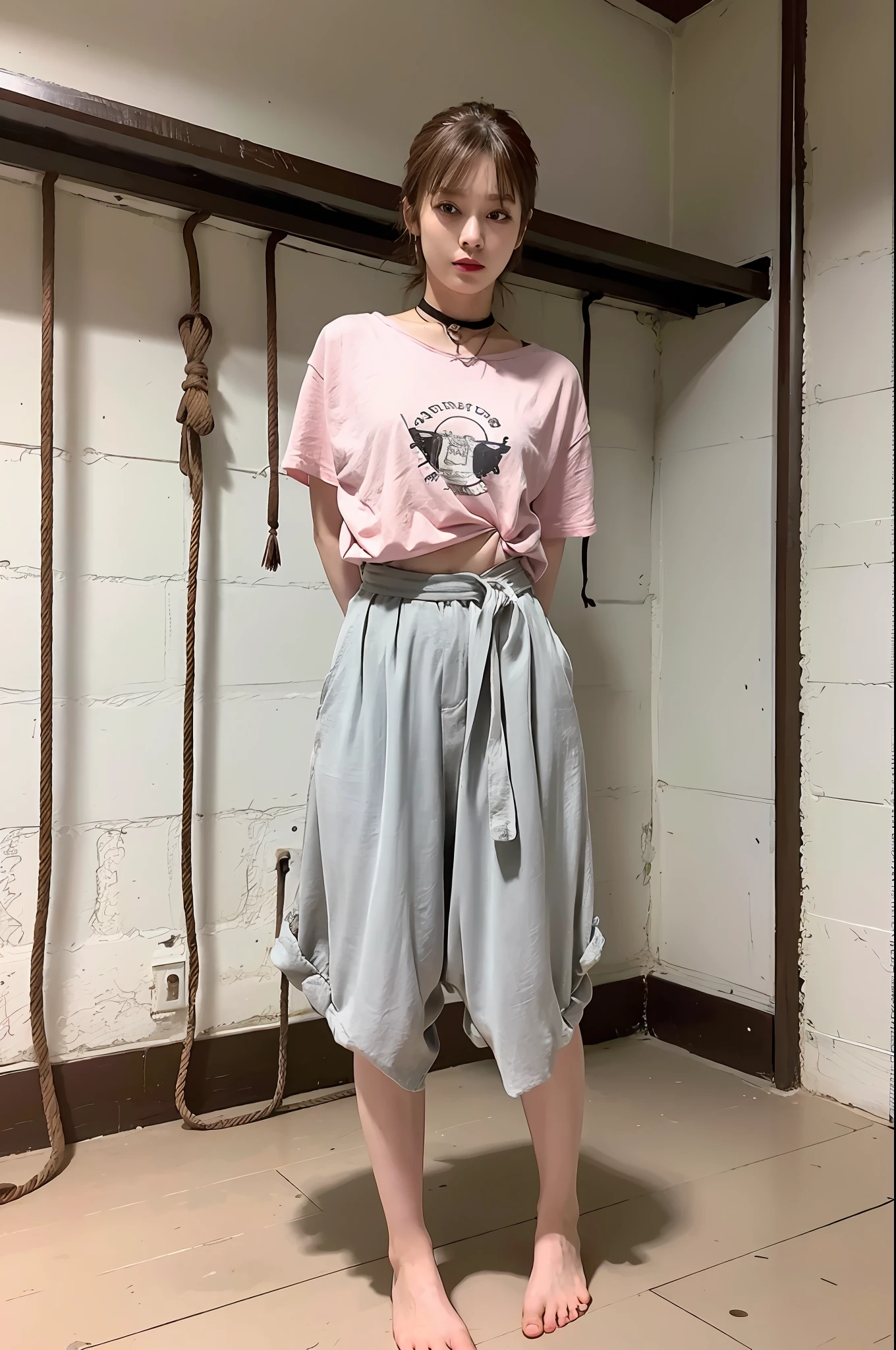 (8k:1.27), best quality, masterpiece, ultra highres:1.2), lesbian delinquent girl with medium length hair and arm tattoos, tattooed girl, full body picture, dirty old pink oversized knotted prisoner t-shirt, dirty big pink t-shirt with prisoner number written in t-shirt, short big sleeves, white prisoner pants tied with a rope, wearing dirty old goth clothes, shoulder length brown bob hairstyle, brown hair pulled back snooki style, blonde highlights, standing in the prison gallows next to a noose, about to be executed, hanging execution, handcuffed, hands tied with rope behind body, submissive neck choker and checkered keffiyeh scarf in neck, 4k or 8k picture, looking at the floor down very sad, very sad face, smelly, barefoot, rope noose hanging from ceiling, tattooed body, noose rope hanging
