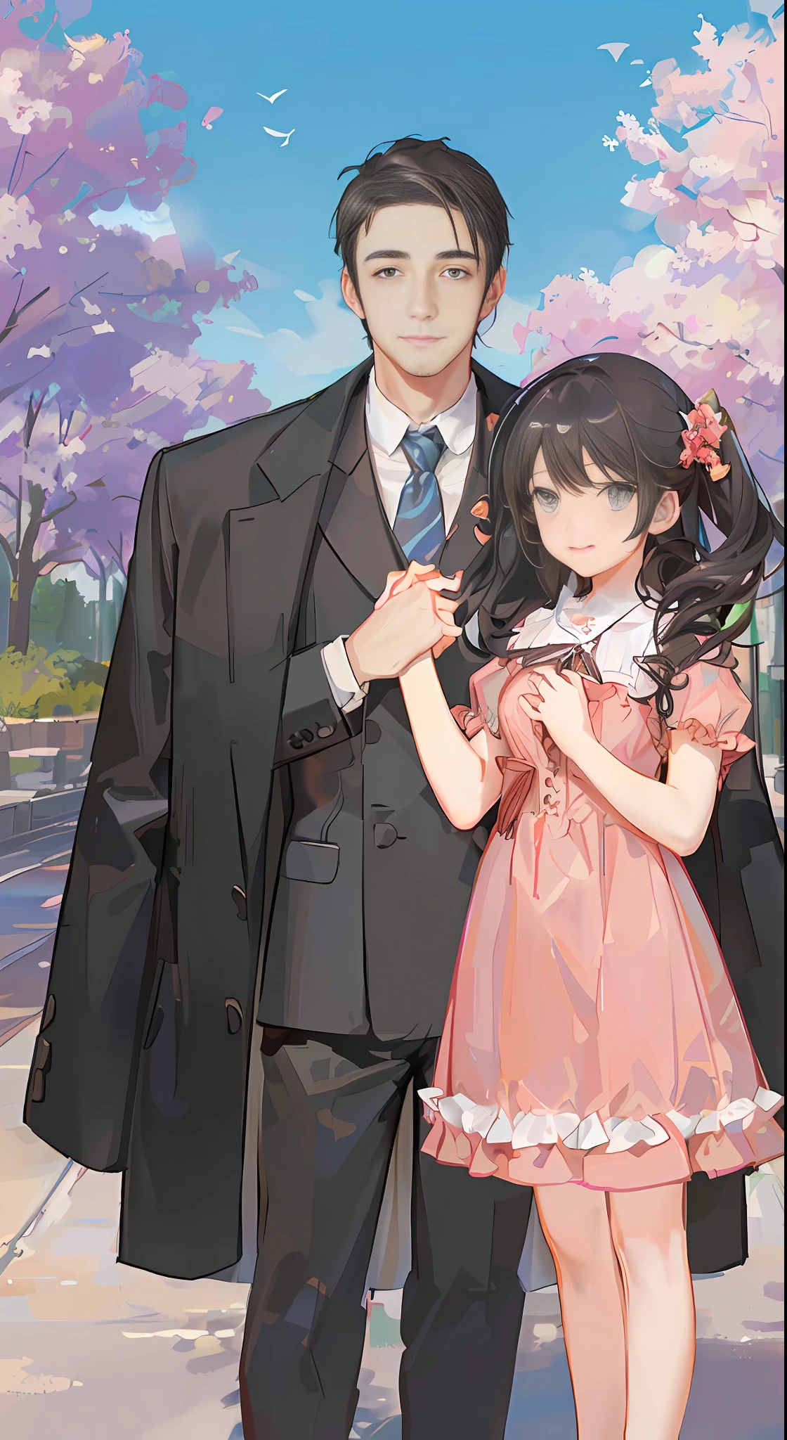 Anime couple in formal clothes standing side by side, boys looking at girls, boys holding girls' hands, girls cute --auto --s2