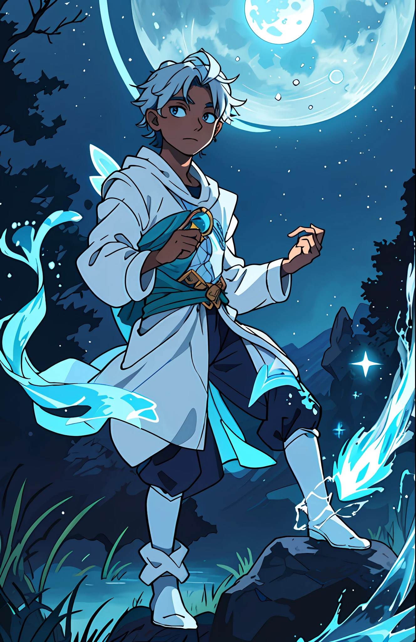 Luegui, a young half-Wizard and half-Fairy, has the power of water and the moon, his black skin glows in the moonlight, his silver eyes, show to anyone his power linked to the moon, his crystal blue hair, had a silver lock.