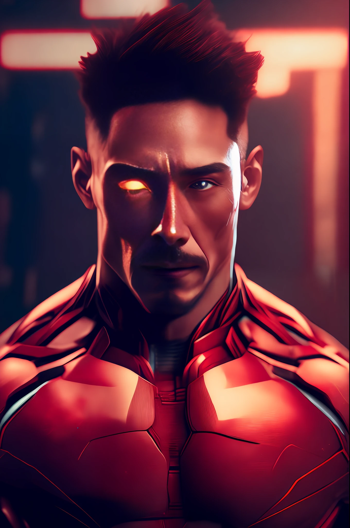 Iron Man Bodybuilder, Cyberpunk, 8k, super realistic face, eyes visible through hair, proper eye position, natural skin, soft light, rim light, hips, gym background, detailed background, intricate, highly detailed, octane render, HD, 8k, by Annie Leibovitz, 120mm