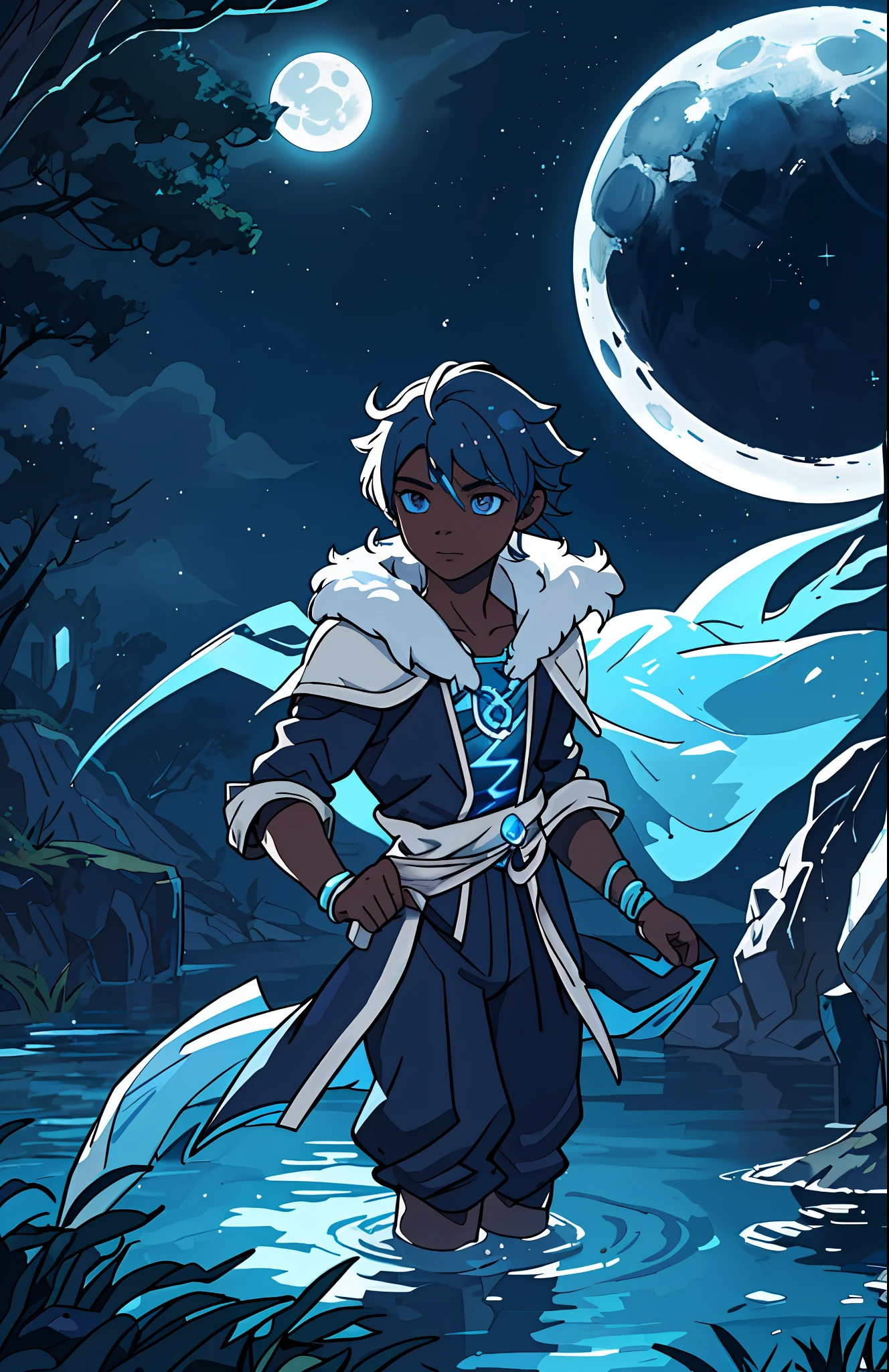 Luegui, a young half-Wizard and half-Fairy, has the power of water and the moon, his black skin glows in the moonlight, his silver eyes, show to anyone his power linked to the moon, his crystal blue hair, had a silver lock.