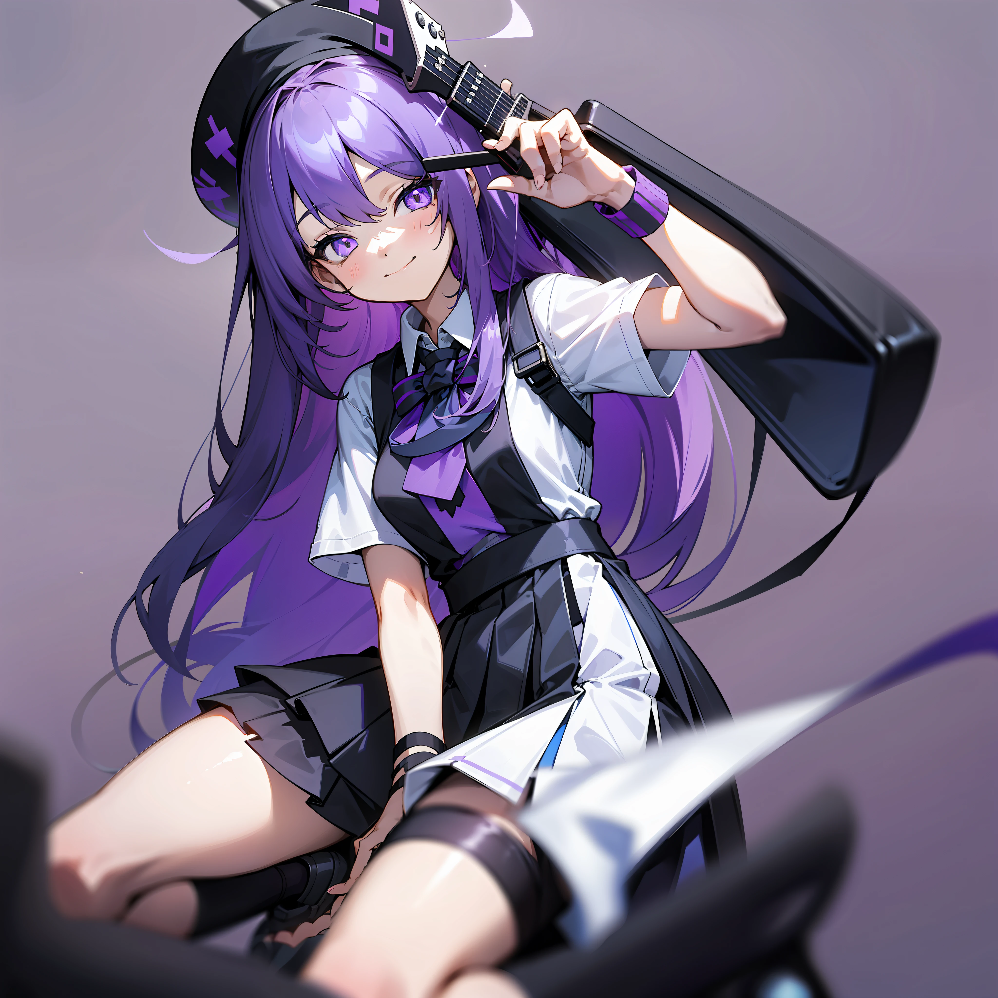 1 girl, black hat, light purple long hair, purple and white eyes, flat chest, white shirt, black sweater, short sleeves, black short skirt, over-the-knee socks, dark blue canvas shoes, blue and black guitar, black wristband, closed eye smile, detail hands, detail legs