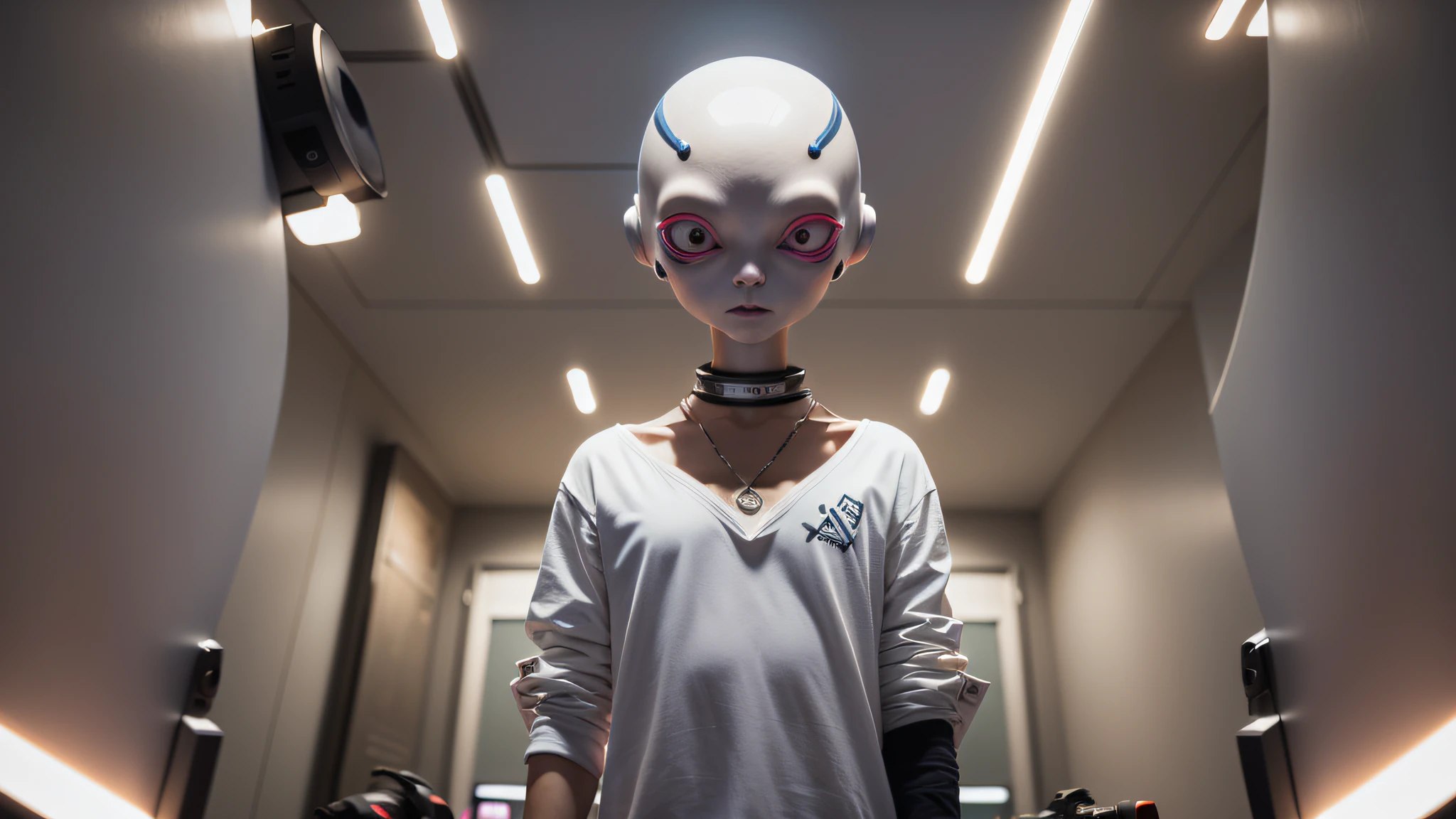 An alien, with albino and realistic skin, large head, short and thin neck, very large eyes and all black, which reflects the local lighting, a nose similar to that of humans but small, a mouth similar to that of humans but small, the body is thin and thin, the alien wears a white sleeve shirt with a letter made of small silver that appears to the right represented within a triangle of the same size, the clothing is inspired by the clothes used for surfing, the color to be used is red, pink chock and blue, as well as details of the environment, and manufactured with neoprene fabric, it is possible to notice a silver necklace hanging from his neck, with a pinjente in the triangular shape with an eye that sees everything in the center as a symbol. the alien is in a recording studio whose scenery is minimalist and features a gray background in gradient hue to circular white, the camera captures the image from the waist up, the alien presents friendly and light expressions, the alien interact with the camera always with a slight smile of satisfaction and tranquility,  The skin used and all the elements are of extreme realism, especially the skins, the lighting is an illumination inspired by the 80s.