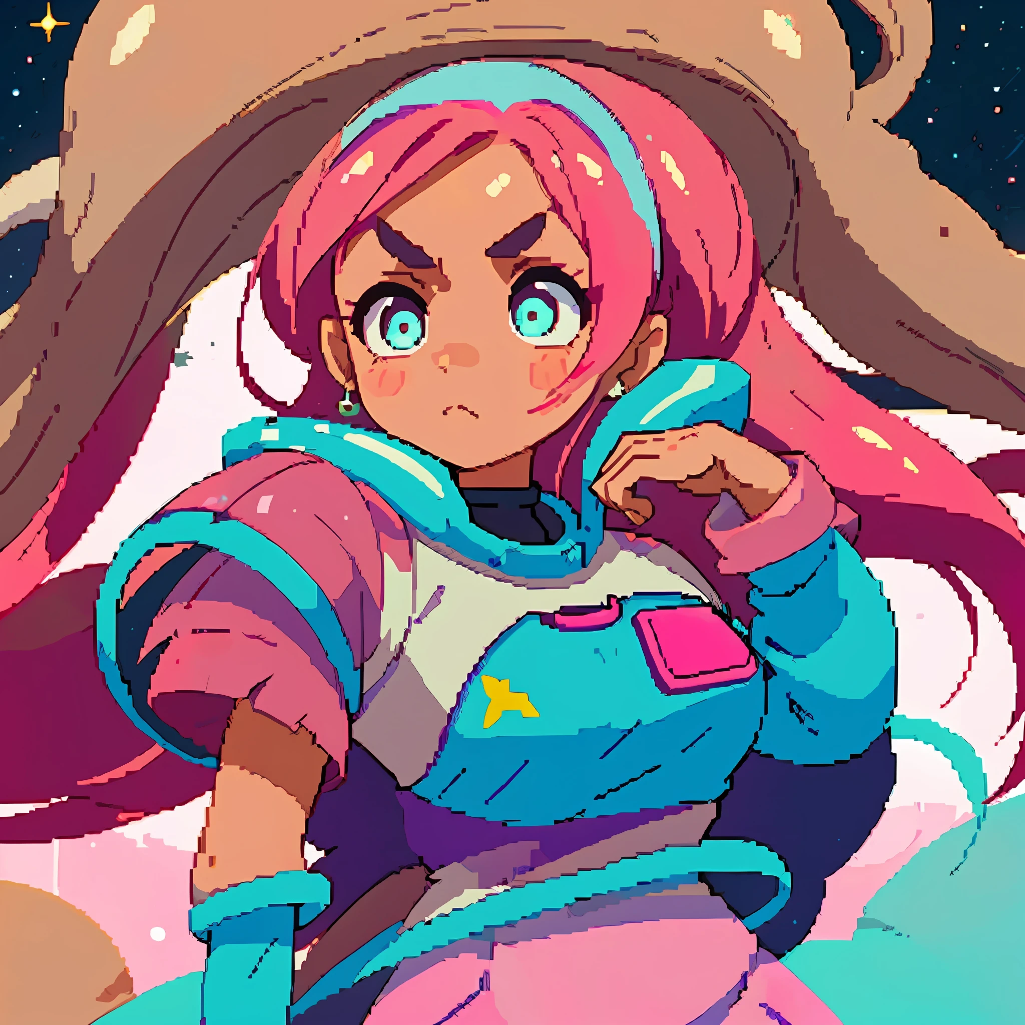 (best quality: 1.2), 1girl, (close up, tan skin, pink hair, very long hair, light eyes, thick eyebrows, space station)