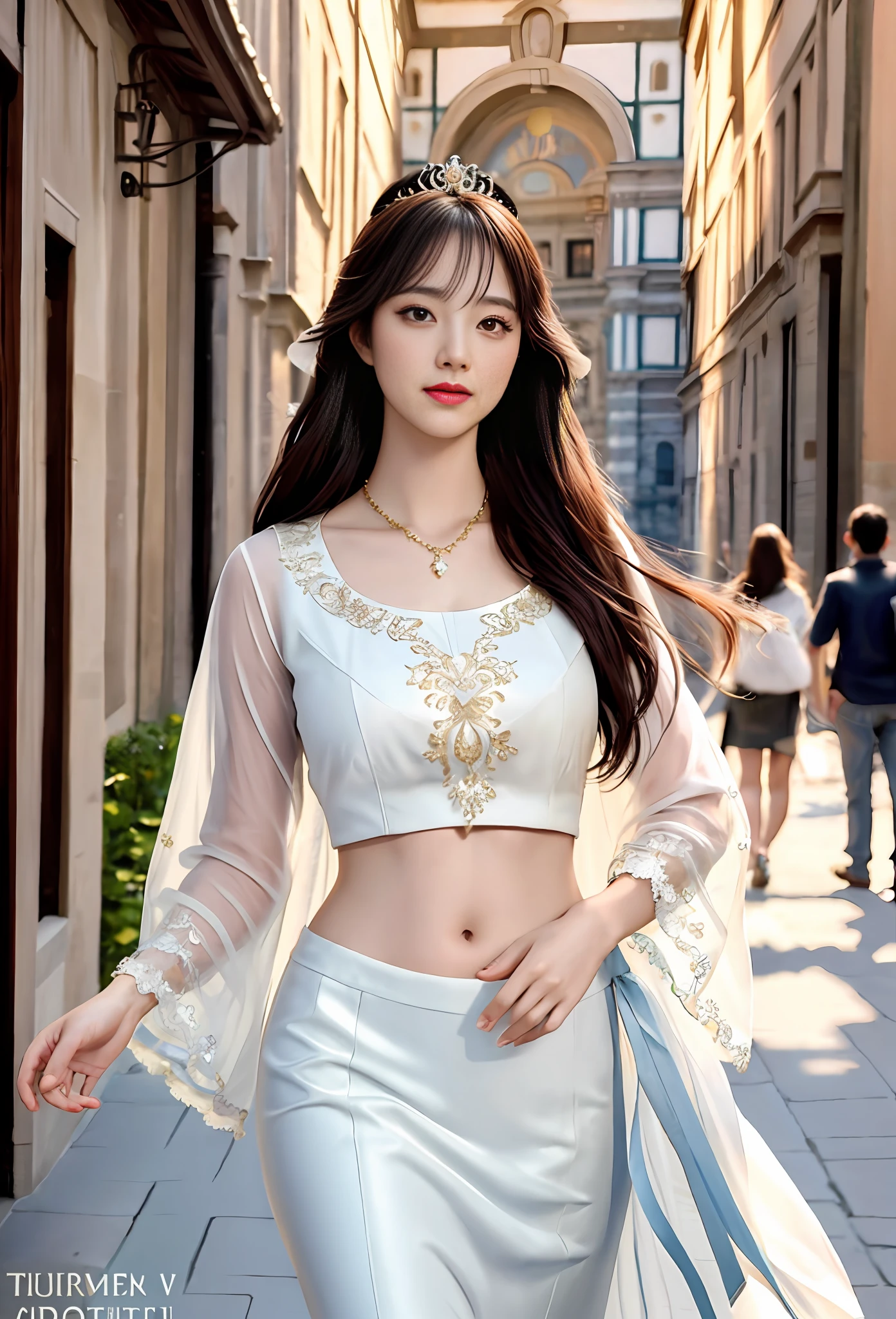 Model shooting style, (extremely detailed CG Unity 8k wallpaper), full-shot body photo of the most beautiful artwork in the world, stunning beautiful photo realistic available, an ultra-realistic ultra-detailed photo, a beautiful girl as a female dancer on the street of Florence,navel, intricate dress, gold,banquet, crowd, [slight smile],(Palazzo Vecchio And Piazza della Signoria background), (princess eyes, shining pupils), detailed symmetrical beautiful hazel eyes, detailed gorgeous face, highly detailed, vibrant, professional majestic oil painting, By Ed Blinkey, Atey Ghailan, Studio Ghibli, Jeremy Mann, Greg Manchess, Antonio Moro, ArtStation Trends, CGSociety Trends, Complex, High Detail, Sharp Focus, Dramatic, Photorealistic Painting Art by Midjourney and Greg Rutkowski