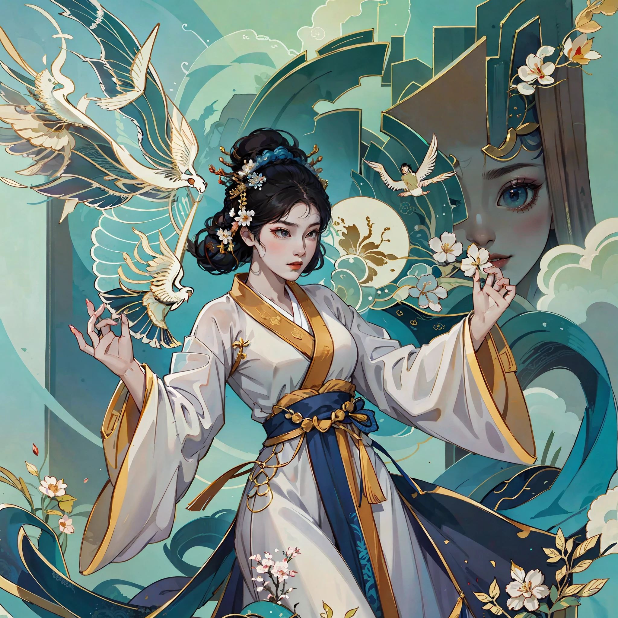 A Chinese woman wearing a pure white Hanfu floats in the air with an Asian dragon behind her --auto --s2