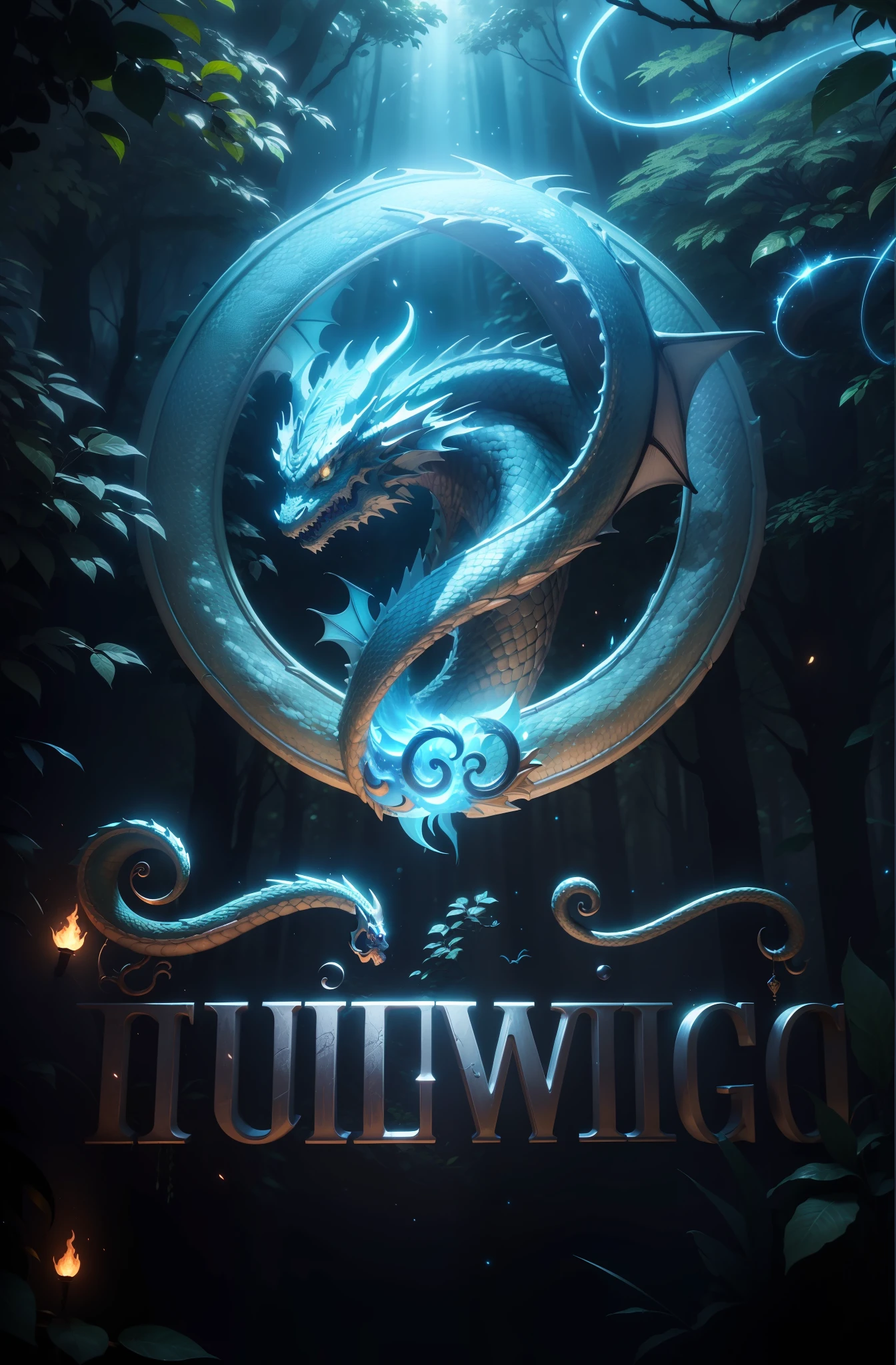 Masterpiece, best quality, (very detailed CG unified 8k wallpaper), (best quality), (best illustration), (best shadow), glowing elf, (natural elements), (jungle theme), (leaves), (branches), (fireflies), (particle effects) and other 3D, Octane rendering, ray tracing, super detailed, metal badge, blue vibe, blue badge, a dragon flying in the middle of the badge, dragon, atmosphere, dragon, dragon head, scales clearly visible, coiled dragon --auto --s2