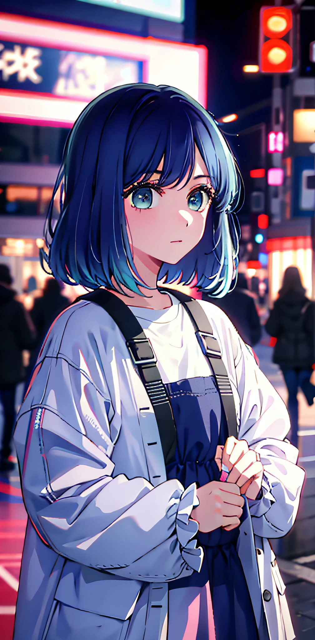 Best quality, Ultra high resolution, 1 girl, solo, upper body, Sky, City, street, Blue hair, (Pink eyes: 0.5), stylish, Off-the-shoulder, oversized coat,