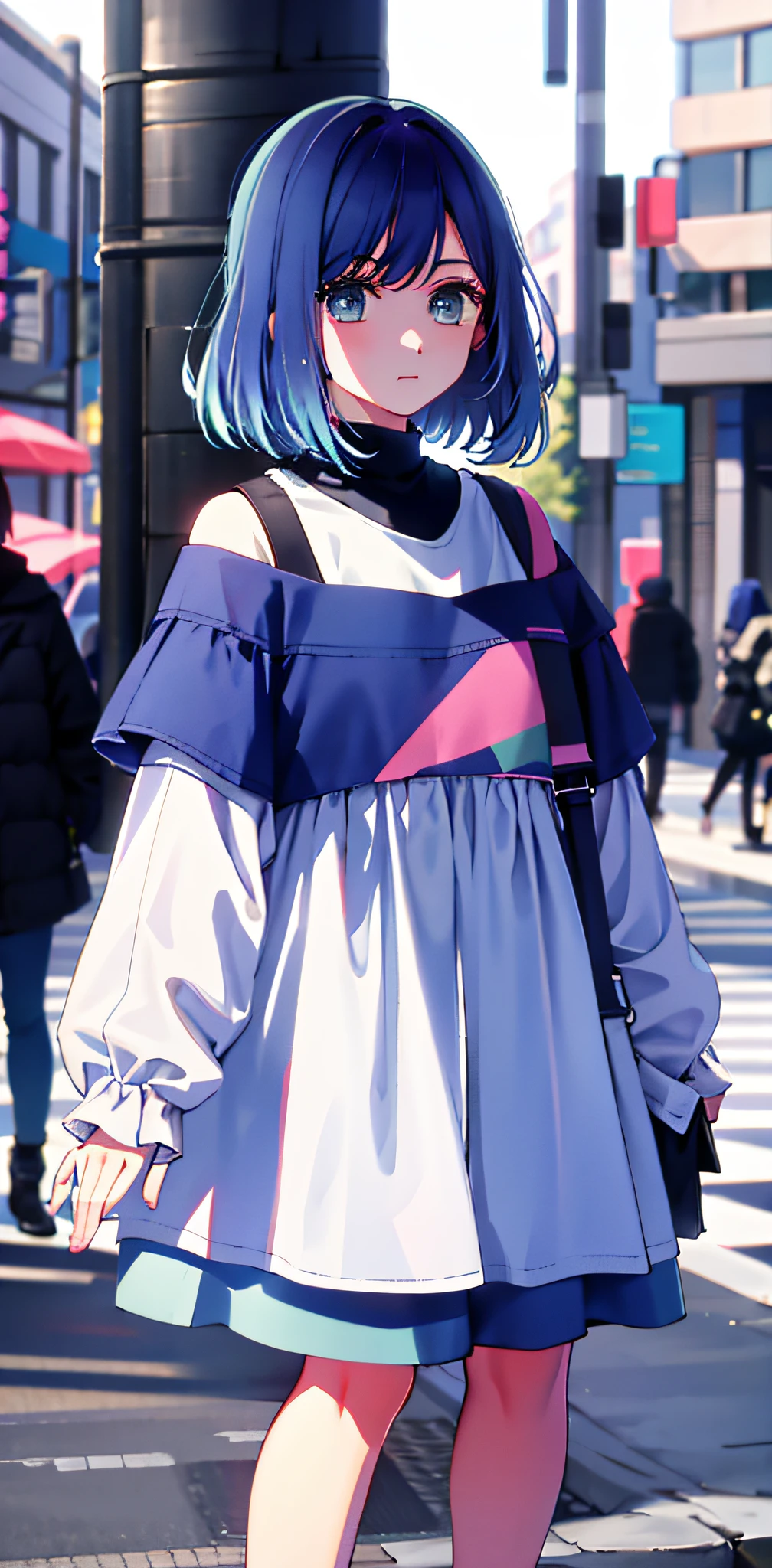 Best quality, Ultra high resolution, 1 girl, solo, upper body, Sky, City, street, Blue hair, (Pink eyes: 0.5), stylish, Off-the-shoulder, oversized coat,