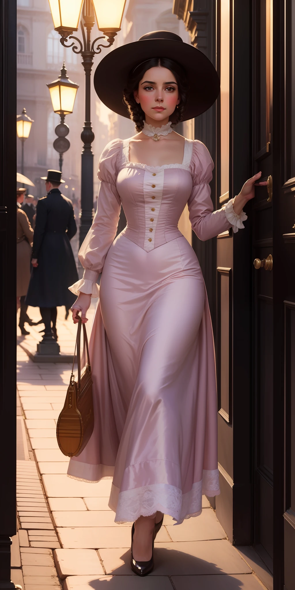 Painting, beautiful portrait,very well detailed, painstakingly detailed, close-up, high resolution,8k,of a woman, beautiful serene eyes very well detailed, perfect nose, pink lips with a pink dress and hat walking down a street, walking at night.by the , street lamps at night Art by Edouard Bisson, ((Konstantin Razumov )), Konstantin Razumov, by Herbert James Gunn, Victorian lady, a beautiful Victorian woman, Victorian fantasy art, Herbert James Draper, dressed in Victorian clothing, Vittorio Matteo Corcos, beautiful character painting