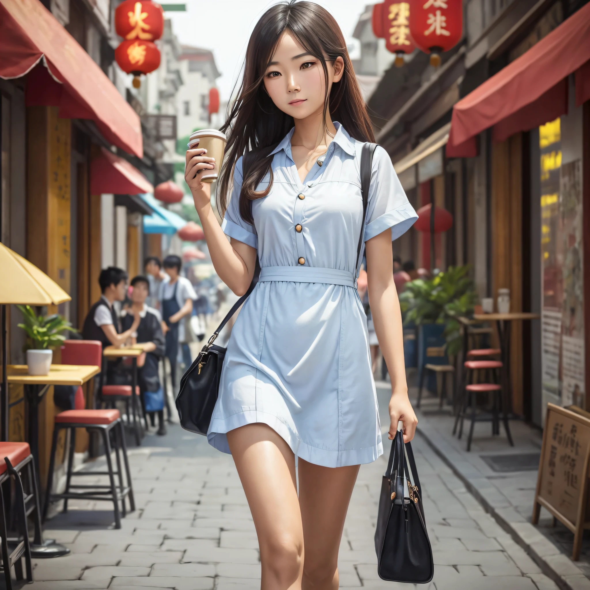 (Half) A beautiful Asian girl, walking down the street in a Chinese dress in summer clothes, (her hand holding coffee has only four fingers) in the background is a café, the sun shines on her hair, the cinematic quality, realistic style