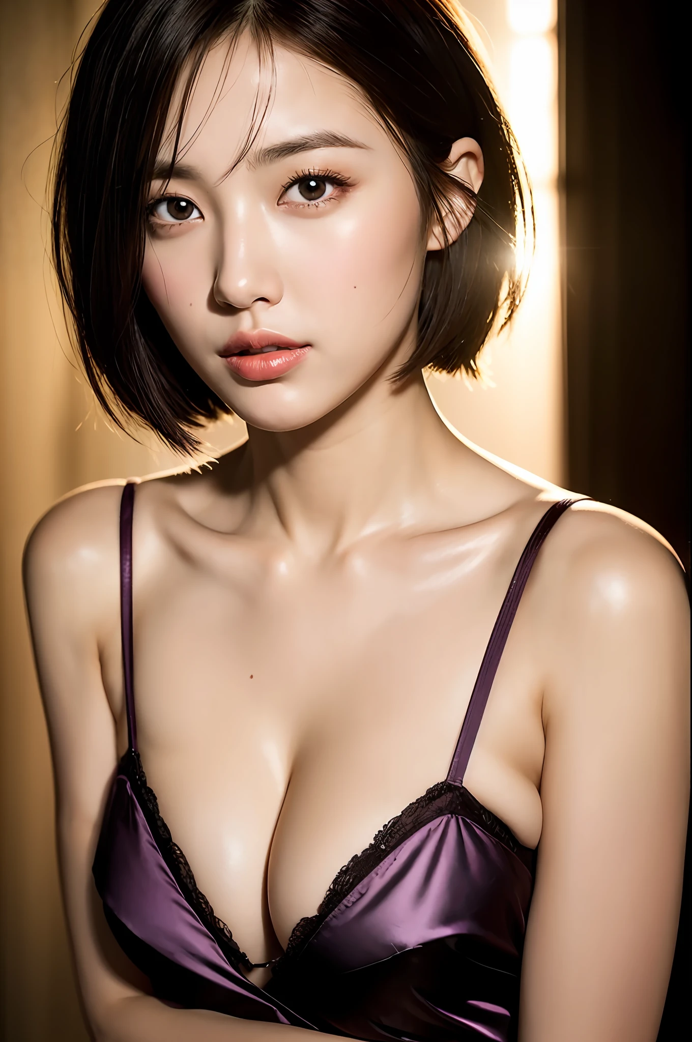 zydG, 1girl, Detailed skin, View, Brown eyes, (Short hair with bangs: 1.2), (Middle chest: 1.0), (Medium areola: 0.8),
(Photorealistic:1.4), (Best Quality:1.0), (Ultra High Definition:1.0), 8K, RAW Photography, (Masterpiece:0.2), (pureerosface_v1:0.5),Underwear,Satin Fabric、Glossy,Slippery, Exposure, Cleavage, Big Eyes, Big Breasts, Upper Body Up, Glowing Mouth, Glossy Lips, Dynamic Lighting,