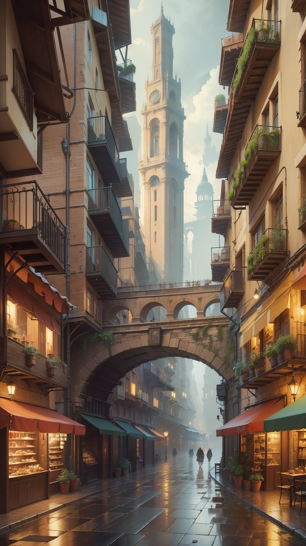 ((masterpiece)),((highest quality))),((high definition)),((real,)) Industrial age city, deep canyon in the middle, architectural street, bazaar, bridge, rainy day, steampunk, european architecture --auto --s2