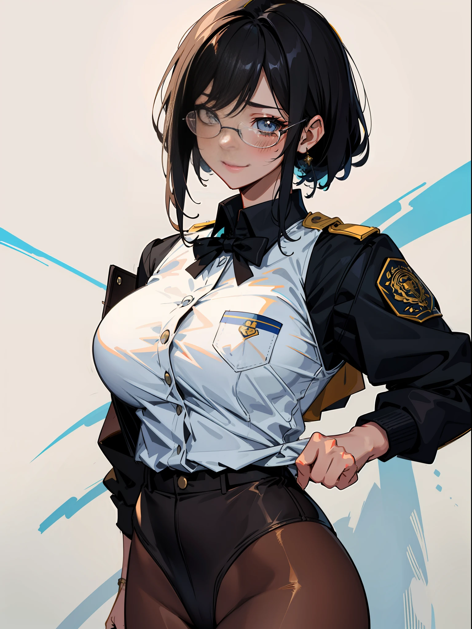 master-piece,hyper quality,hyper detailed,perfect drawing,solo, beauty, uniform, bountiful breasts, fluffy breasts, H cup bust, bust up, bulging bust top, h, hentai, blush, sweat, moist eyes, detailed drawing, accurate drawing, police officer, jacket, vest, uniform, special baton, glasses, Tanned skin, long eyes, long eyelashes, cheeky smile