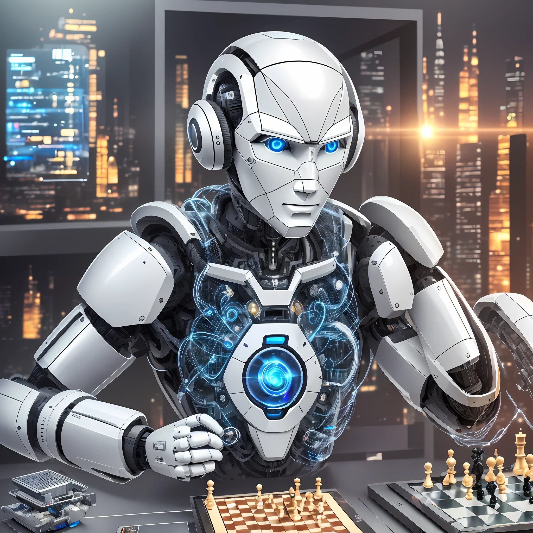 Smartphone apps coming off the screen, networks, virtual world, artificial intelligence, fiber optics. Humanoid robot, computers, neural networks, brain, playing chess, man with monkey countenance eating an apple and stepping on the snake --auto --s2