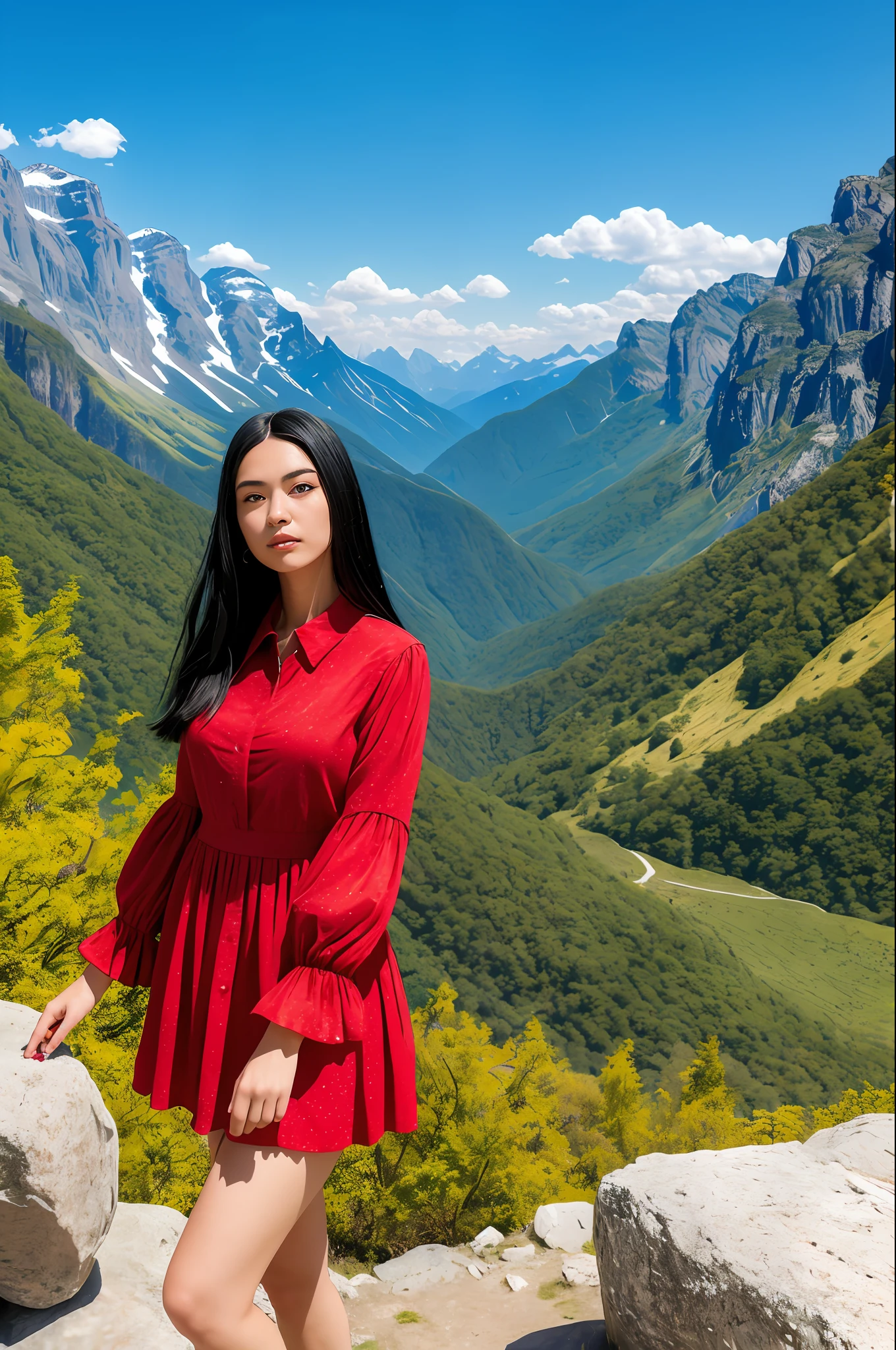 (Masterpiece:1.2), high quality, ultra detailed, landscape scene, a beautiful woman (1 woman), black hair, wearing red clothes, looking at a mountain, clear blue sky, relaxing atmosphere, a little blurry, but still vivid and sharp.