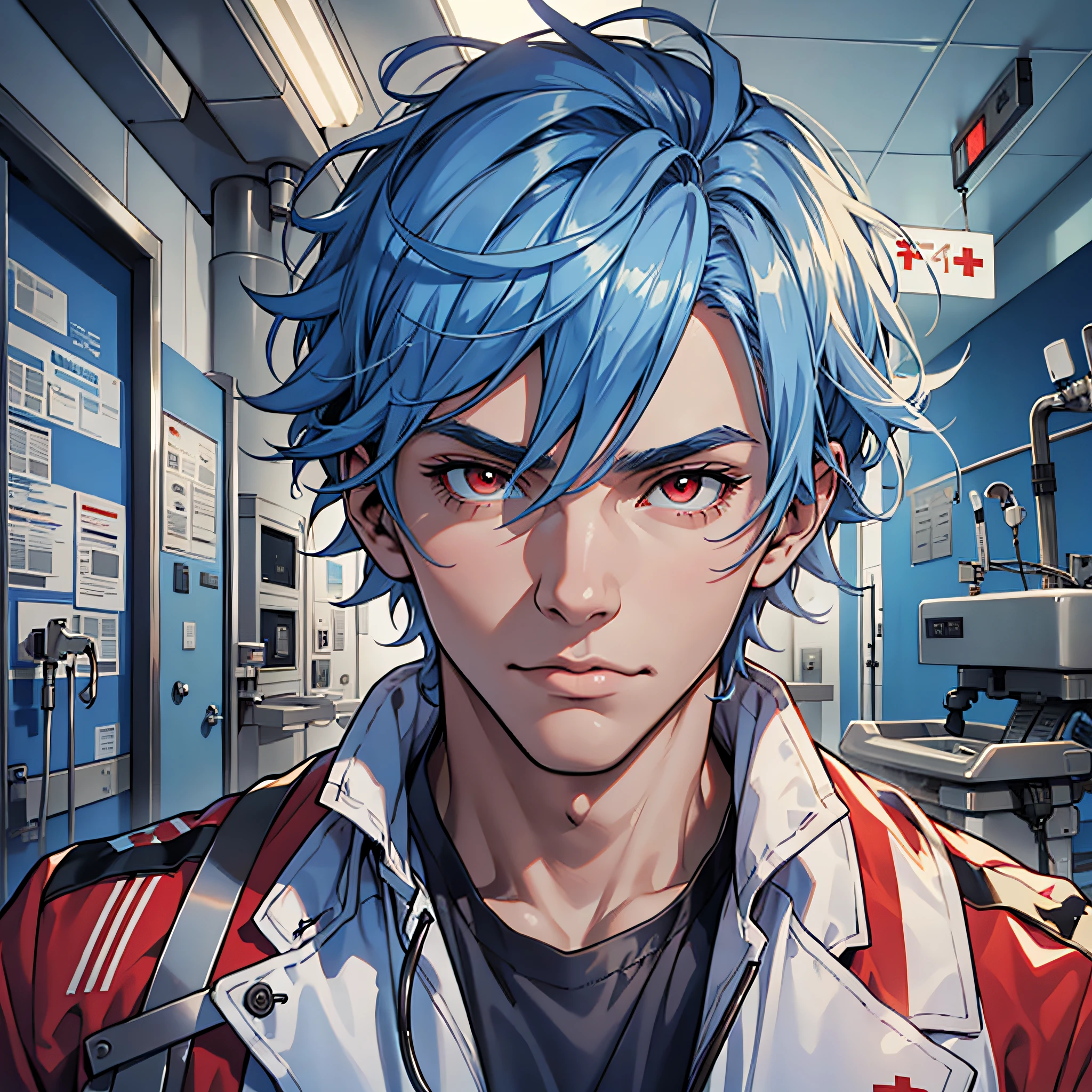 (Masterpiece, best quality, ridiculous), 1 person, muscular, detailed eyes, blue hair color head style, red eyes, gray jacket, upper body, ((hospital background))