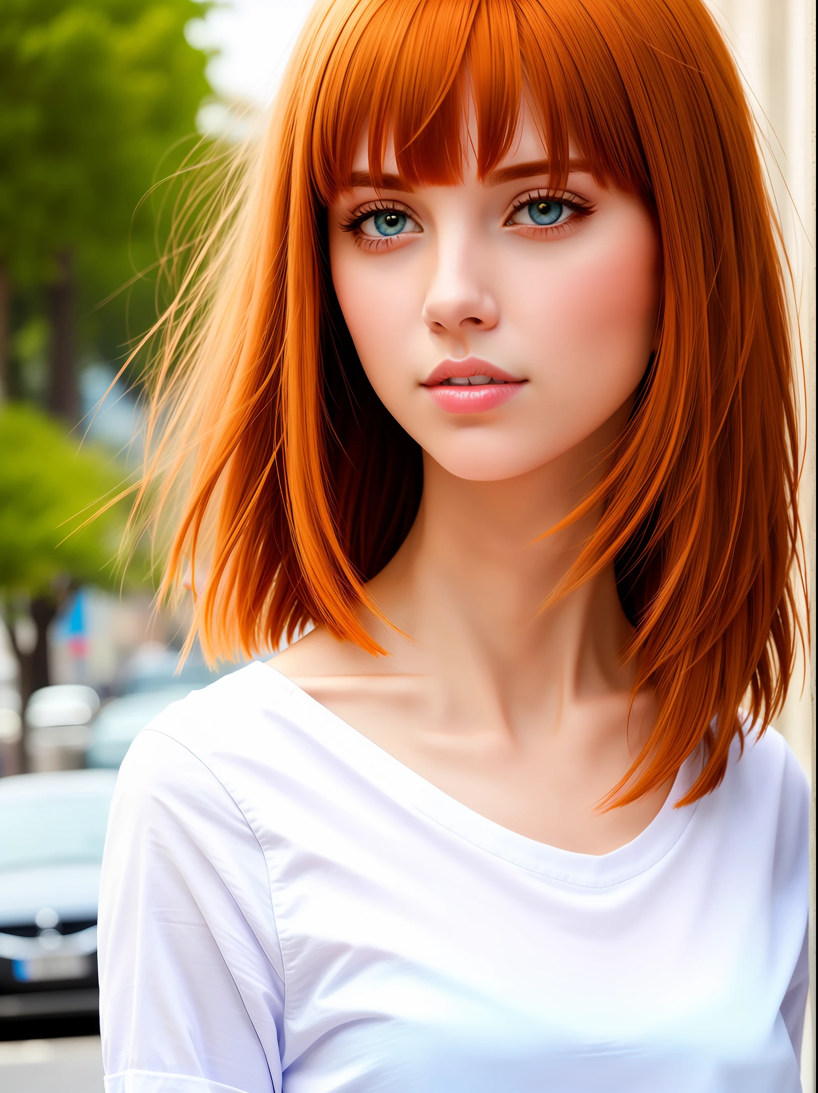 Beautiful women, beautiful eye, wearing long white shirt, blue pants, converse shoe, standing on the street , bangs , bob cut , ginger hair, shiny , light and dark, best quality, photorealistic looking viewer