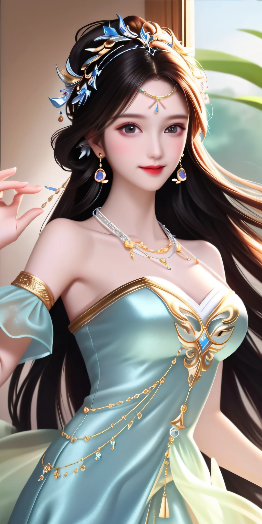 Best Quality, Masterpiece, High Resolution, 1girl, Clear Silk Porcelain Dress, Pretty Face, Hair Accessory, Look at the Audience, Smile, Close Mouth, Lips, Dress, Hair Accessories, Necklace, Jewelry, Long Hair, Earrings, Beautiful Face, Body, (((Bust Big))), Tindal Effect, Realism, Shadow Studio, Edge Lighting, Two-Color Lighting, (High Detail Skin: 1.2), 8k UHD, DSLR, Soft Light, High Quality, Volume Lighting, Photos, High Resolution 4K, 8k, blurred background
