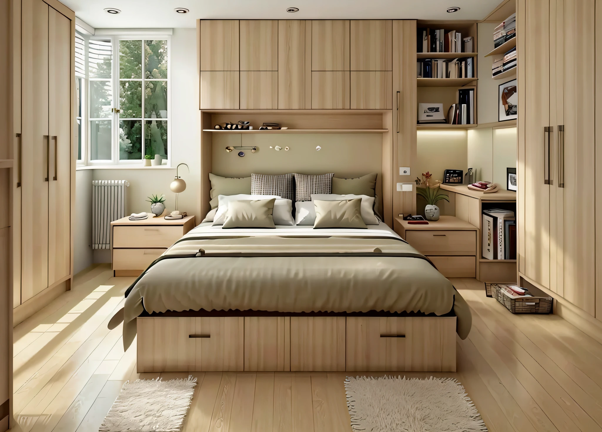 "(((Masterpiece))), highest quality, super-realistic, contemporary bedroom, flooded with natural light streaming through the windows. Accentuate the bed (1.2) and the cupboard (1.2), and subtly depict the low stakes (1.3) of the carpet.