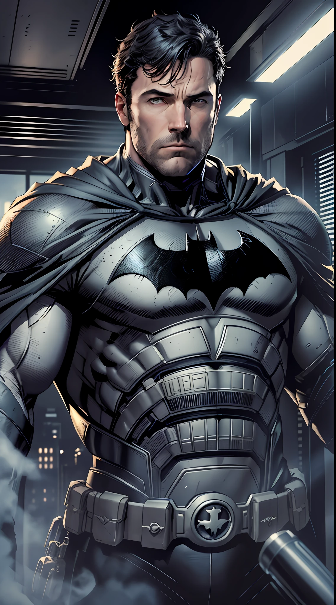 1 man, solo, Ben Affleck as Batman, tall, hunk, muscular, bulk, wide shoulder, photorealism, dark dirty grey suit, dark grey arms, ((no mask)), mask off, black hair, black gloves, best quality, masterpiece, high resolution:1.2, black cape, high detailed mask, high detailed suit, high detailed face, award winning, night time, a dark cave in the background, indoors